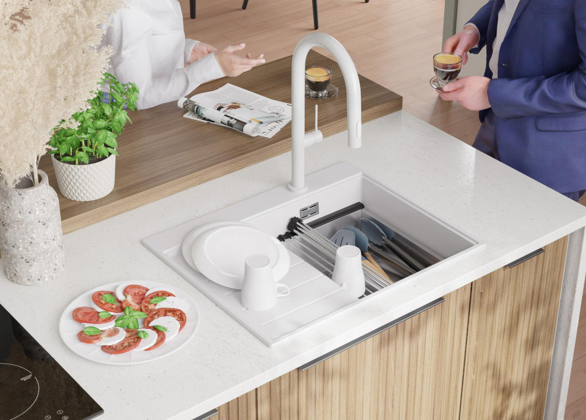 SPÜLBECKEN Sydney, 2-er set Weiß 62/50 cm 1 Becken + Ablauf-Set + Küchenzubehörset ab 40er Unterschrank - Chromfarben/Beige, Kunststoff (62/20/50cm) - Primagran