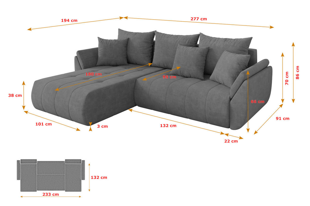 ROHOVÁ SEDAČKA s funkcí spaní, otoman vlevo TOKO-L 277x194x86 šedá velur - černá/šedohnědá, kompozitní dřevo/textil (277/194cm) - ALTDECOR