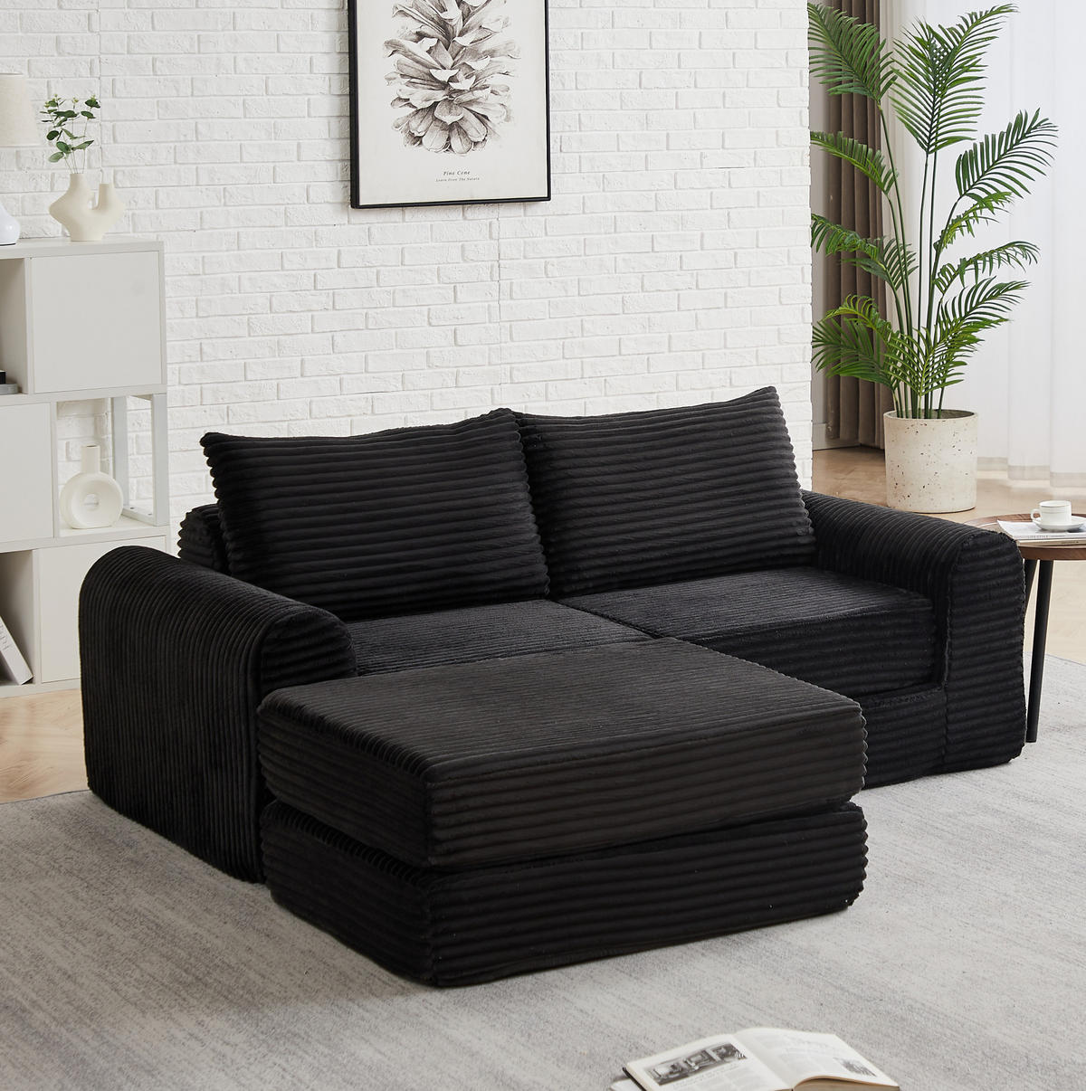 SCHLAFSOFA, Cord mit modularer Fußstütze, als Sofa & Bett, 243/194/53 cm, Schwarz - Schwarz, Textil (243/53/194cm) - Redom