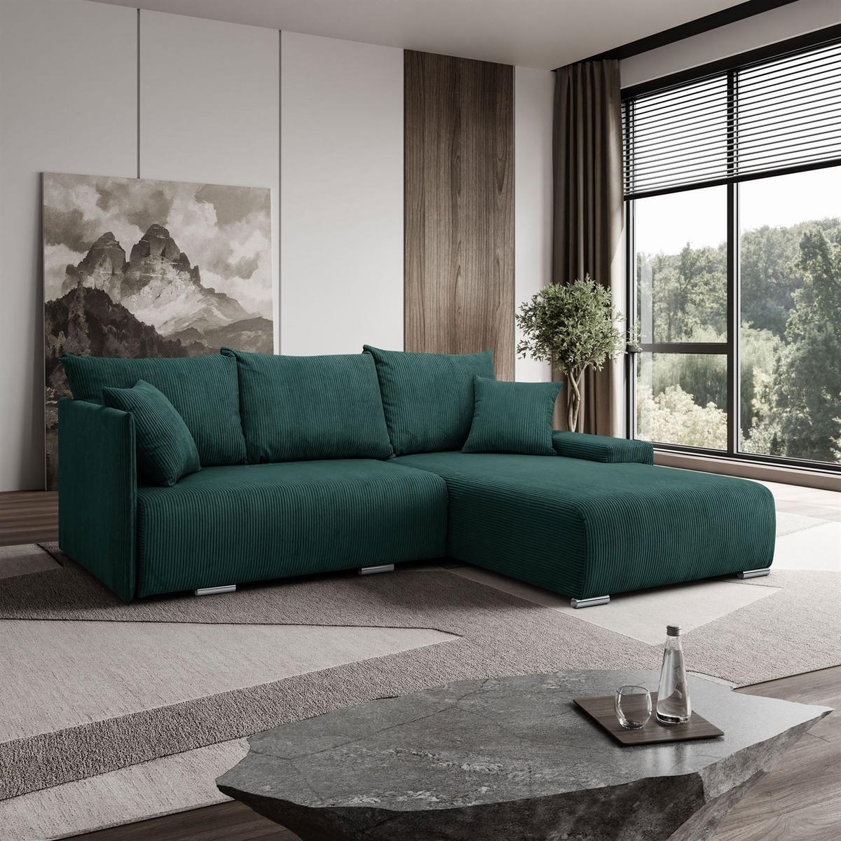 ECKSOFA LAVIO L mit Schlaffunktion und Bettzeugkasten Rechte - Grün, Textil (246/188cm) - Lookway