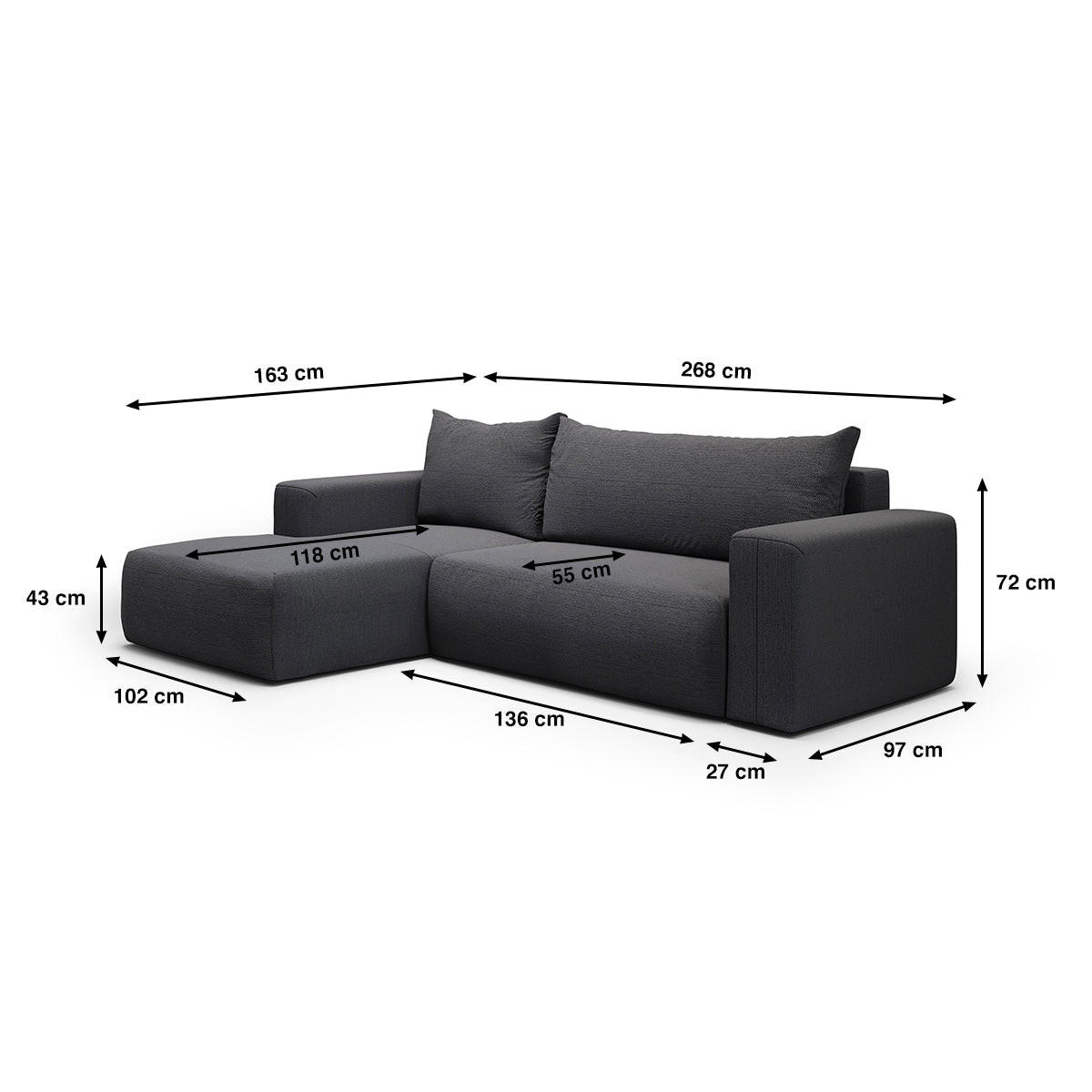 ECKSOFA Bliss 3 Sitzplätze Dunkelgrau - Grau, Holz (268/163cm) - Petits-meubles