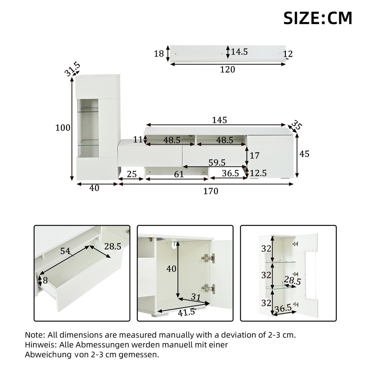 TV-LOWBOARD 3-teilig 170/35/45 cm mit LED-Beleuchtung, Hochglanzfronten und Soft-Close, Weiß - Weiß, Holzwerkstoff (170/45/35cm) - Redom