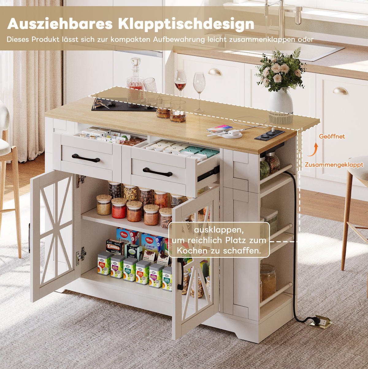 KÜCHENINSEL 120/40(65)/92 cm in Weiß/Natur mit Klapptisch und Stromanschlüssen - Weiß, Holzwerkstoff (120/92/65cm) - Flora Grace