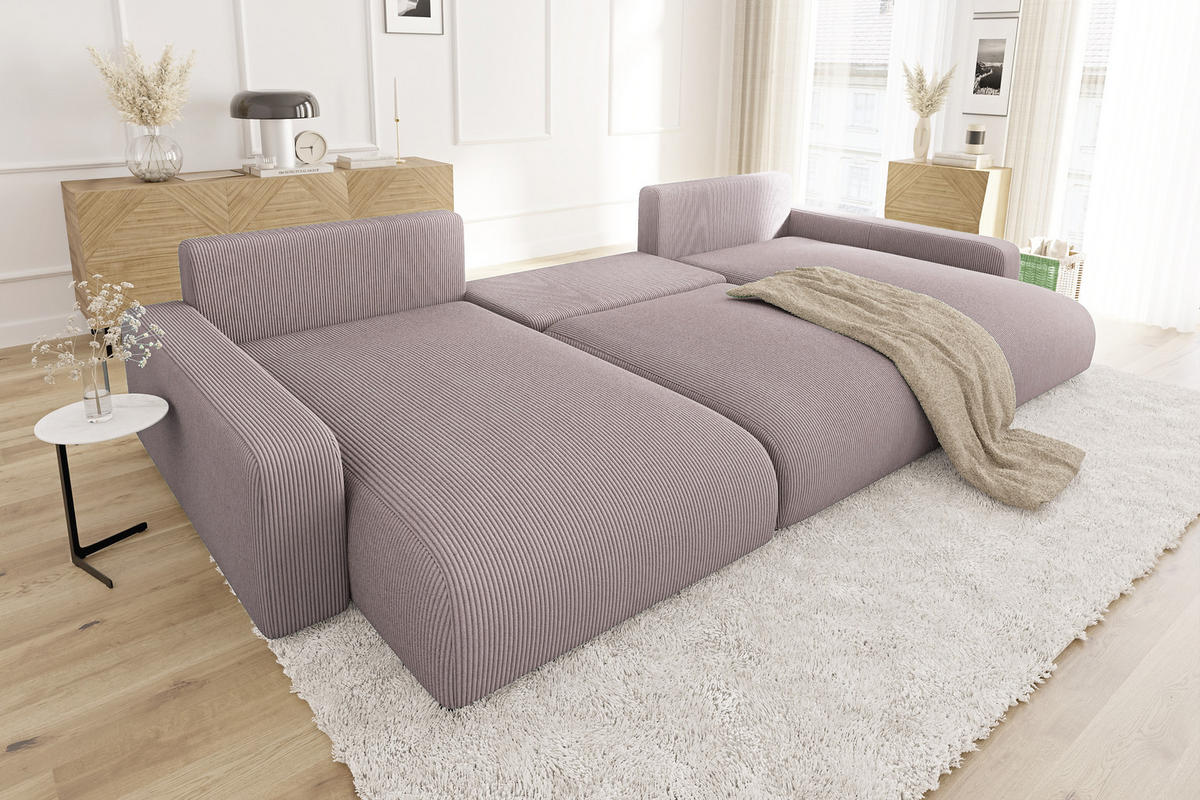 WOHNLANDSCHAFT Emma Puderrosa Cord - Pink/Schwarz, Holz/Kunststoff (332/170cm) - S-Style Möbel