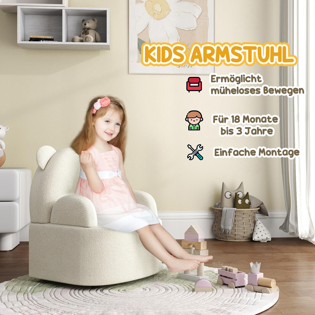 KINDERSESSEL Kindersofa mit weicher Teddyfleece Bärenform für Kinder ab 1,5Jahre - Beige/Schwarz, Holz/Kunststoff (48/59/52cm) - AIYAPLAY