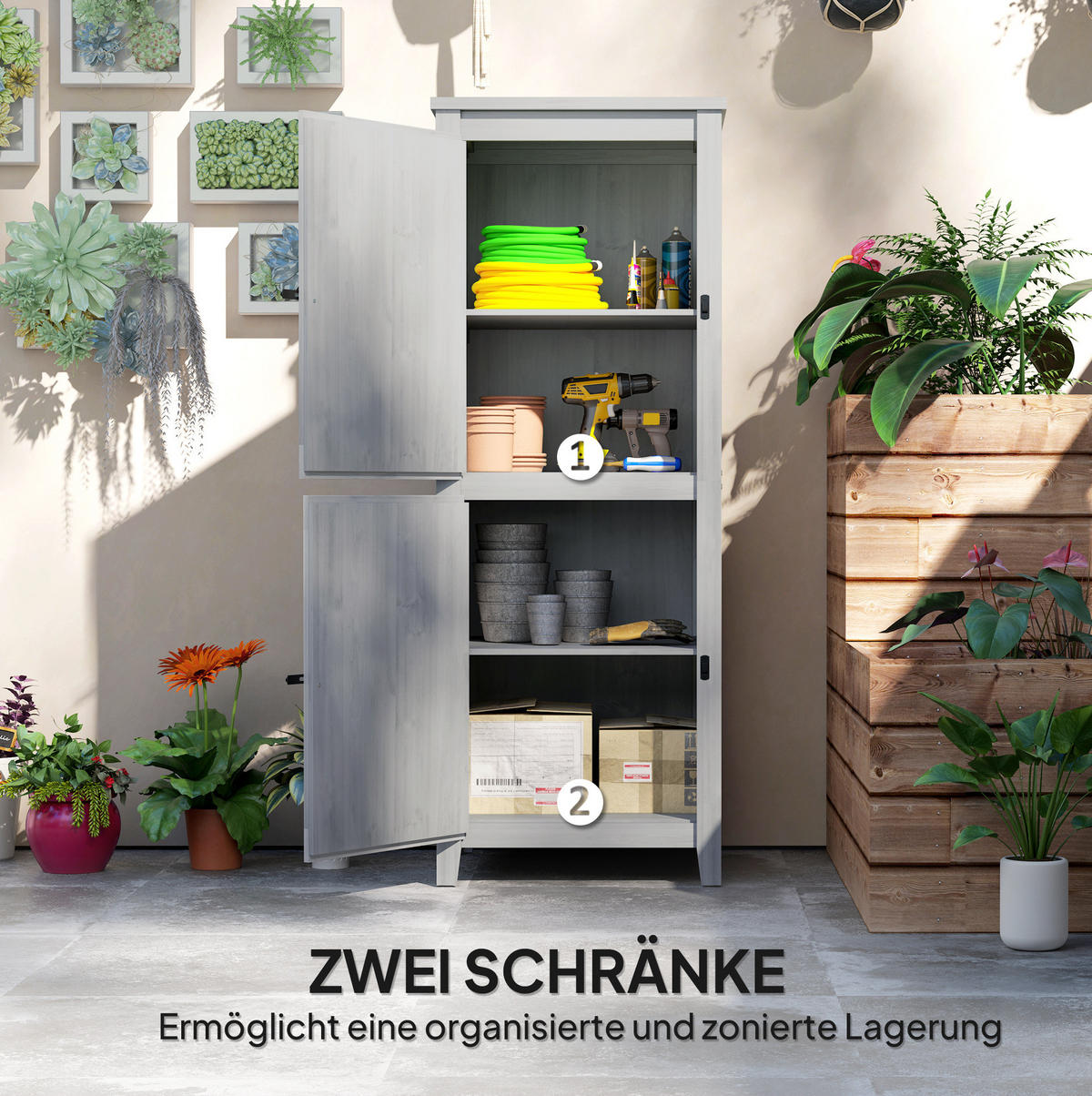 GARTENSCHRANK aus Tannenholz 60x60x160 cm in Hellgrau mit 2 herausnehmbaren Regalen - Hellgrau, Holz (60/160/60cm) - Modfu