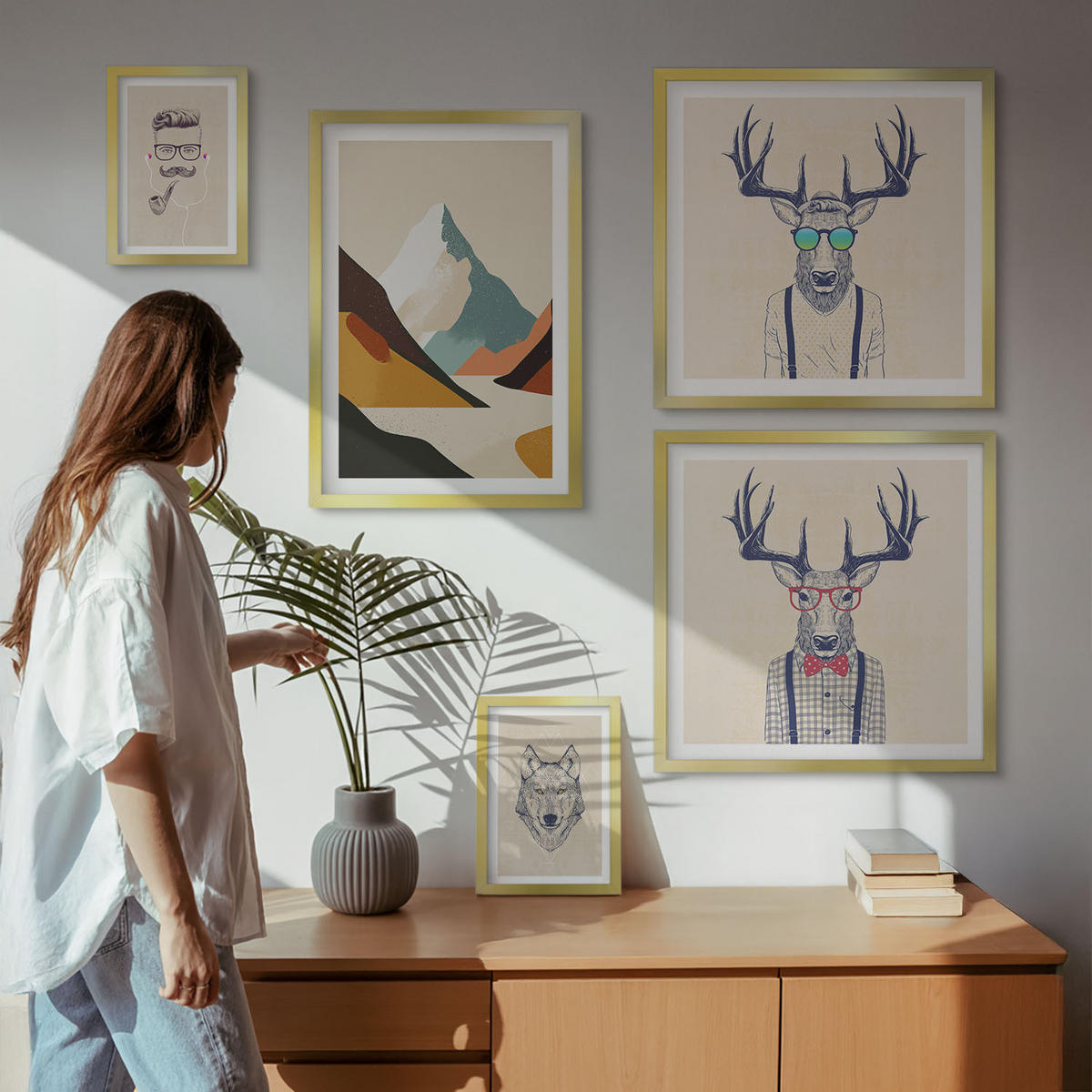 BILDER SET 5er Set - 50x50 cm & 20x30 cm & 40x60 cm Goldrahmen - Strand, Leuchtturm, Berge, Wiesen, Blumen - Goldfarben, Kunststoff (40/60cm) - TULUP