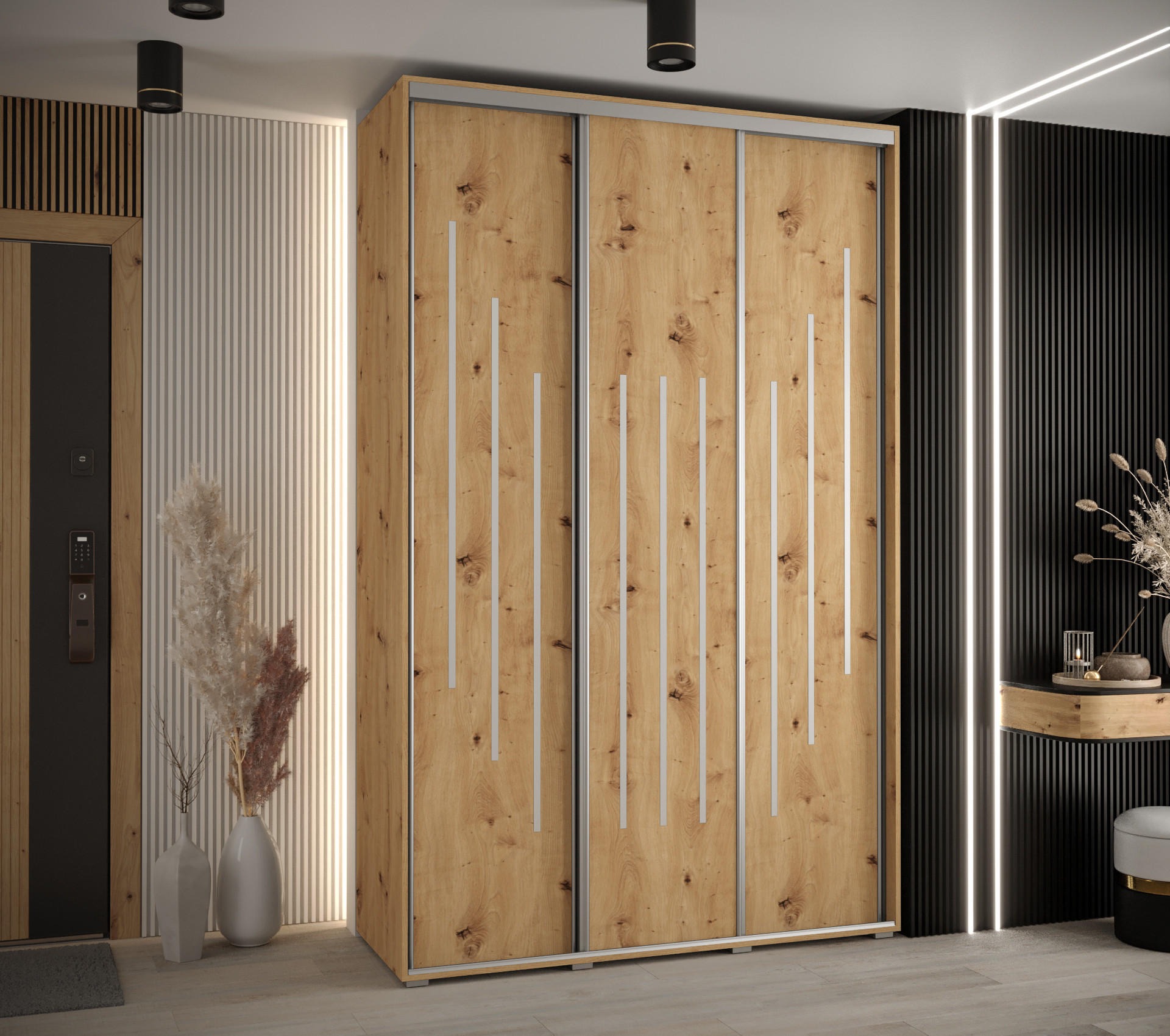 SCHWEBETÜRENSCHRANK 235,2/160/45 3-türig - Silberfarben/Eiche Artisan, Holz/Metall (160/235/45cm) - Abiks Möbel