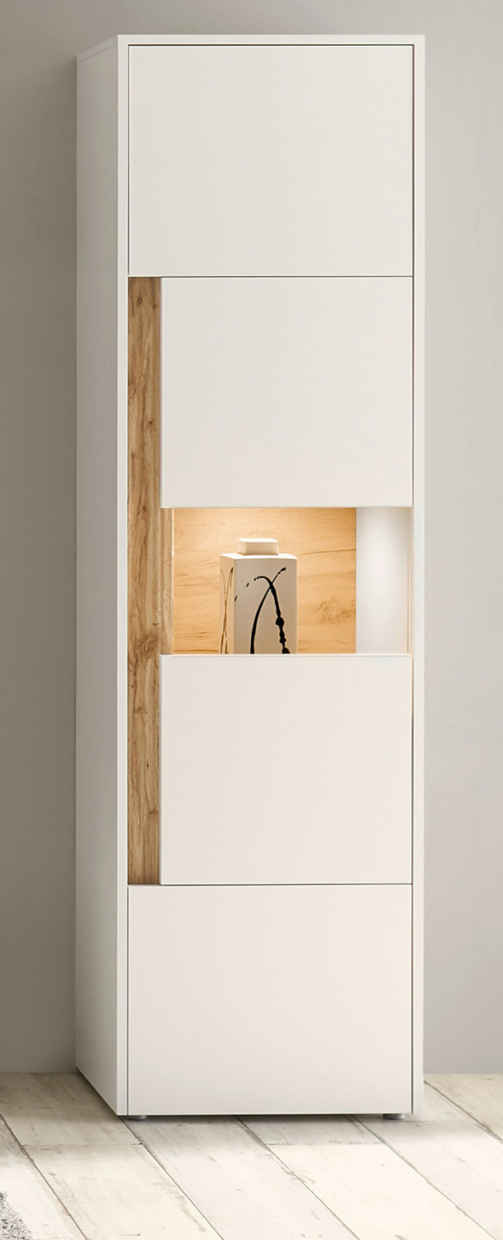 VITRINE weiß, Eiche Wotan 50 x 200 cm, Vitrinenschrank mit 5 Fächern - Eiche Wotan/Schwarz, Glas/Holzwerkstoff (50/197/40cm) - Furn.Design