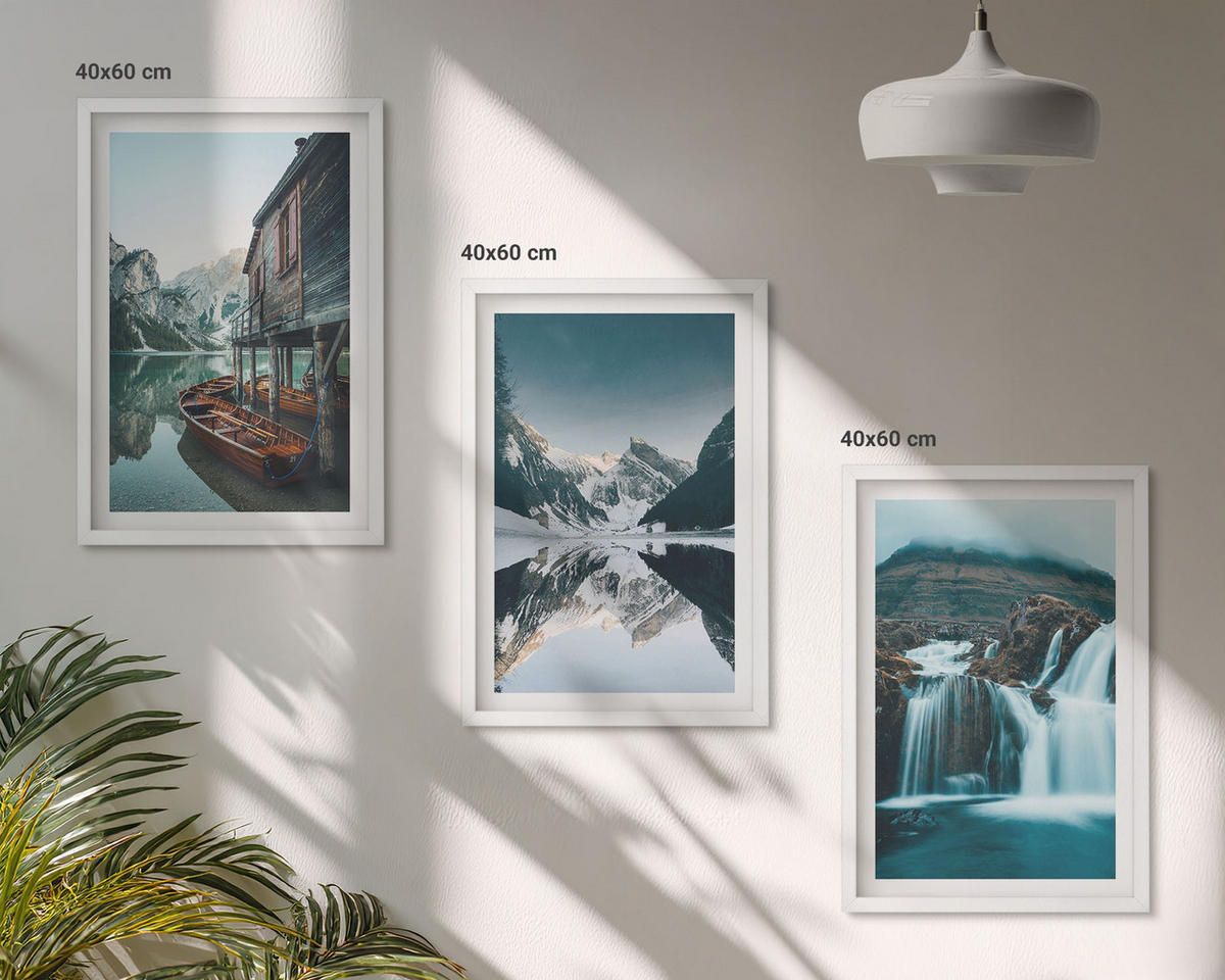 BILDER SET 3er Set - 40x60 cm Weißer Rahmen - Berglandschaften Wasserfall See - Weiß, Kunststoff (40/60cm) - TULUP