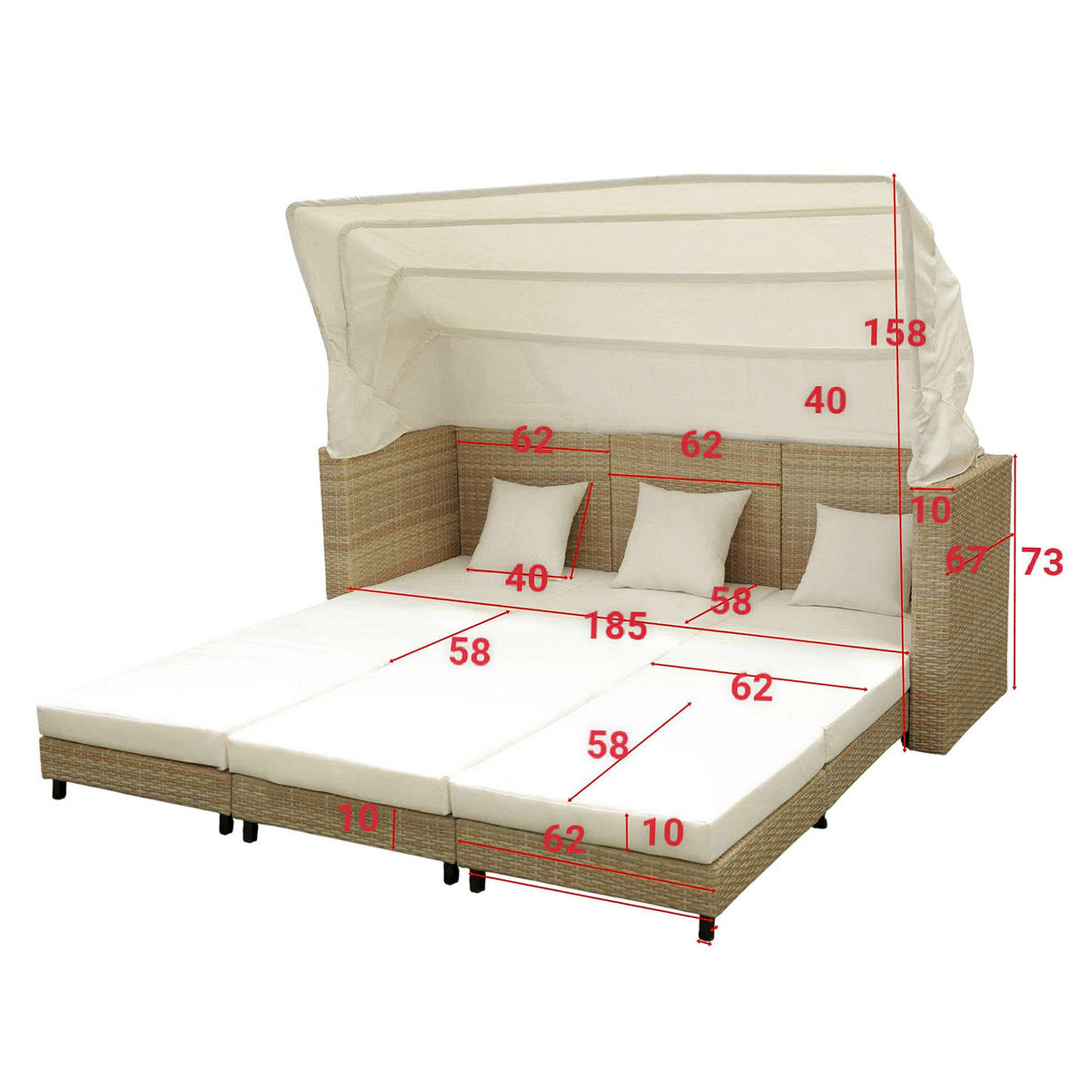 SONNENINSEL - 3-teilig - Polyrattan / Webstoff - Beige / Creme - Beige, Kunststoff/Textil (200/159/75cm) - home24