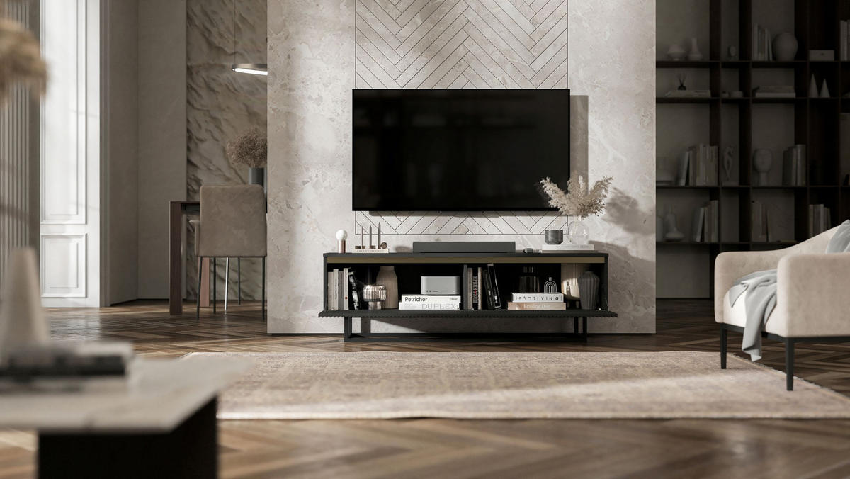 TV-SCHRANK Selene Schwarz Matt mit Metallrahmen 140 cm - Schwarz, Holzwerkstoff/Metall (140/44/35cm) - Meble Lindner