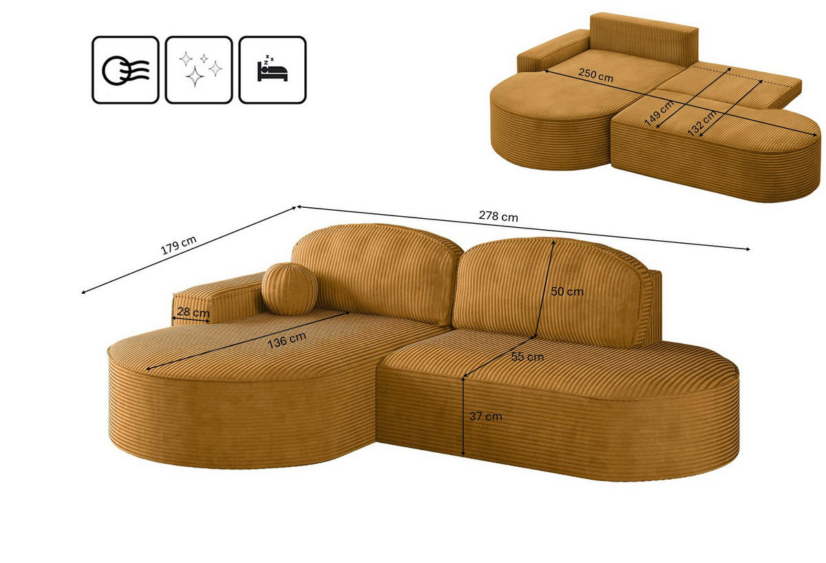 ECKSOFA mit Schlaffunktion und Bettkasten Modena Runden stoff Poso Senffarbe Links - Gelb, Holz/Textil (179/278cm) - Kaiser Möbel