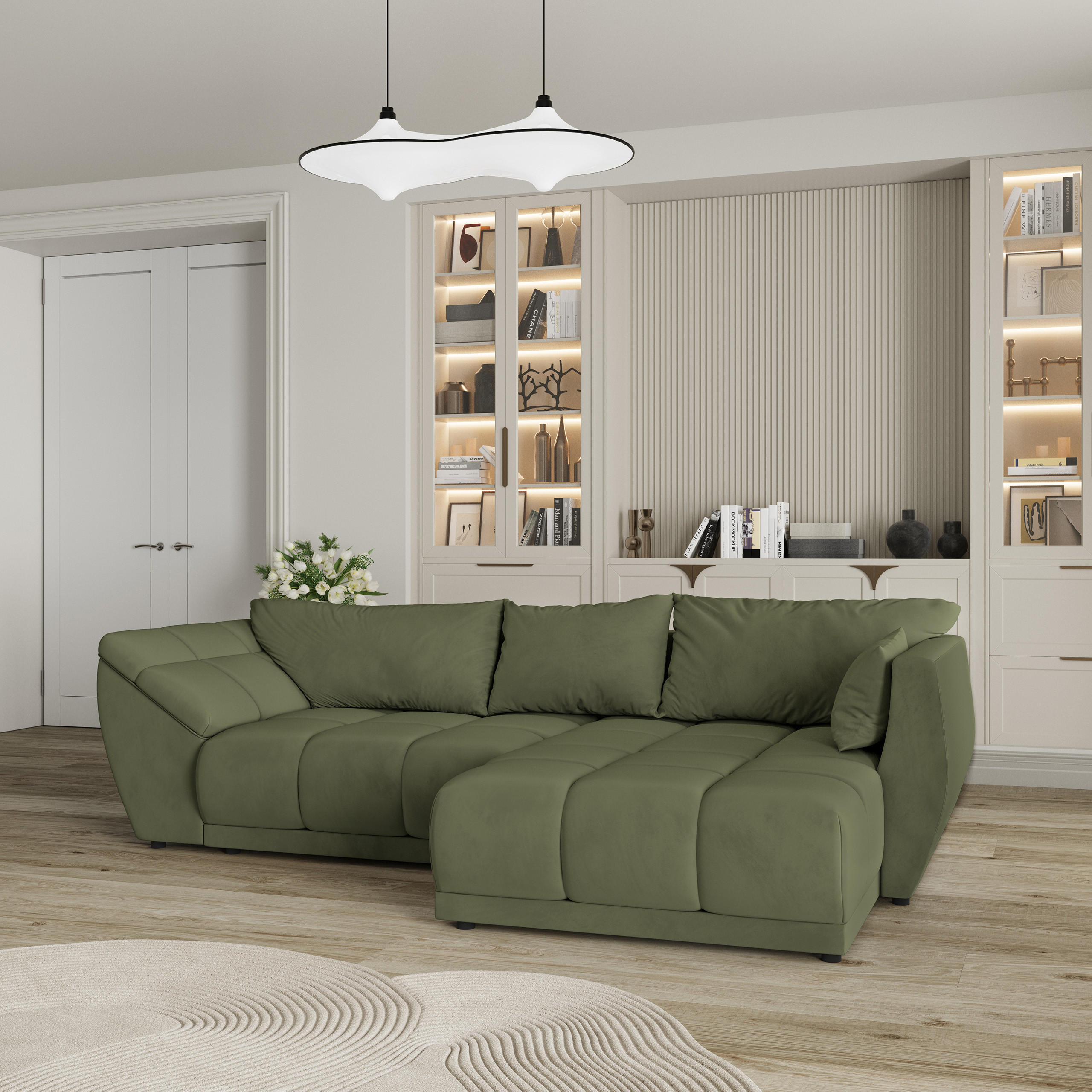 ECKSOFA ORENTI R-S Grün Velours-Stoff mit Schlaffunktion - Grün, Holz (287/182cm) - MASSENO