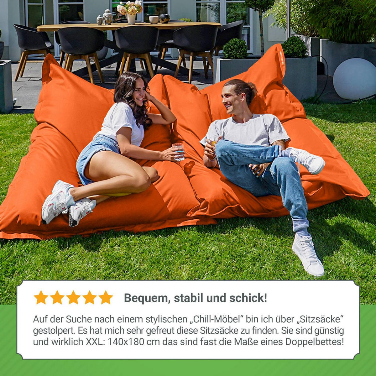 SITZSACK XXL "Square" 140x180cm - 380 L - Orange, Textil (140/25/180cm) - Green Bean