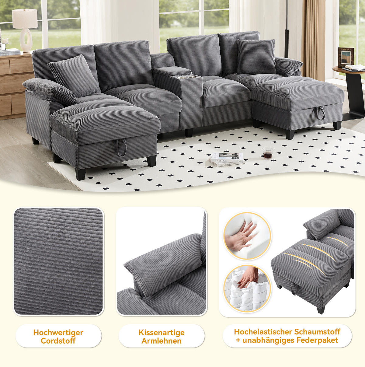 WOHNLANDSCHAFT U-Form Cord mit Stauraum und USB-Anschluss 293/142/93 cm Grau - Grau, Kunststoff/Textil (93/293/142cm) - Redom