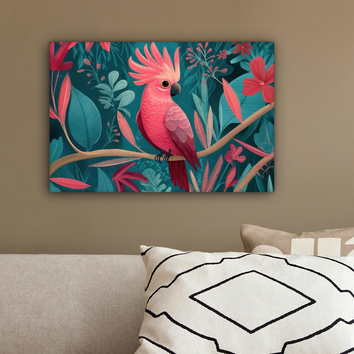 LEINWANDBILD Kakadu - Tropische Blätter - Zweig Deko Schlafzimmer 30x20 cm - Petrol, Textil (30/20cm) - MuchoWow