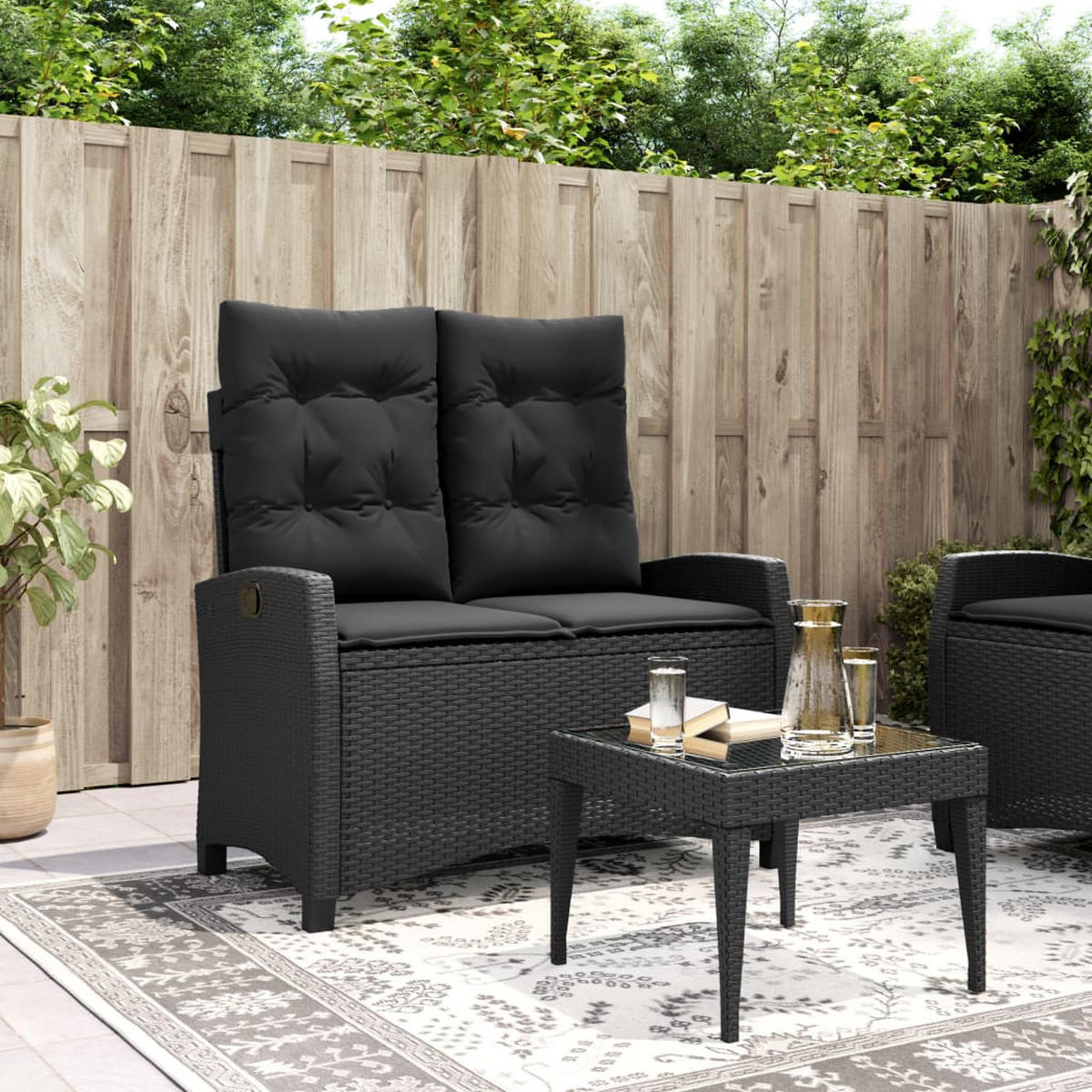 GARTENBANK Verstellbar mit Kissen Schwarz Poly Rattan - Schwarz, Kunststoff (105/93/66cm) - furnicato