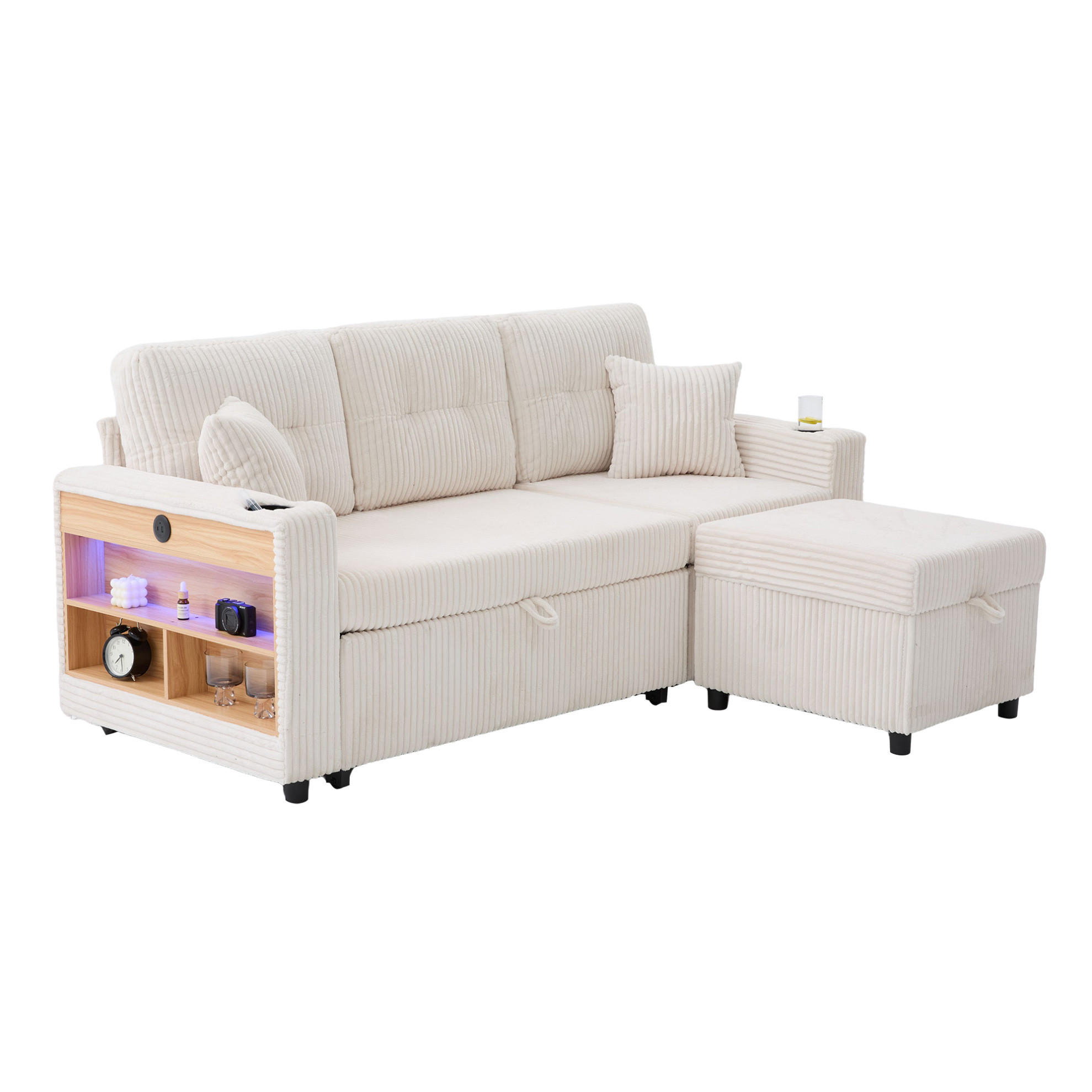 SCHLAFSOFA aus Cord 196x82-144x85 cm Beige mit Stauraum, USB-C, LED-Beleuchtung, Getränkehaltern und Ausziehfunktion - Beige, Textil (82/85/196cm) - Modfu