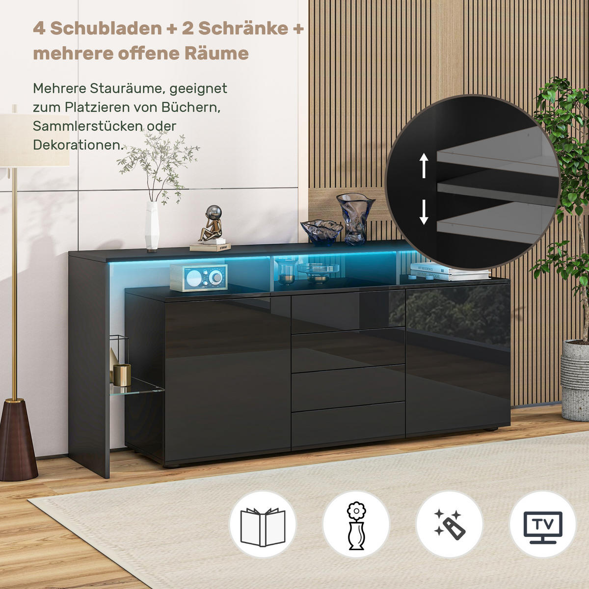 SIDEBOARD LED Schwarz Hochglanz Mehrzweckschrank Stauraum - Schwarz, Holzwerkstoff (35/70/160cm) - FLIEKS