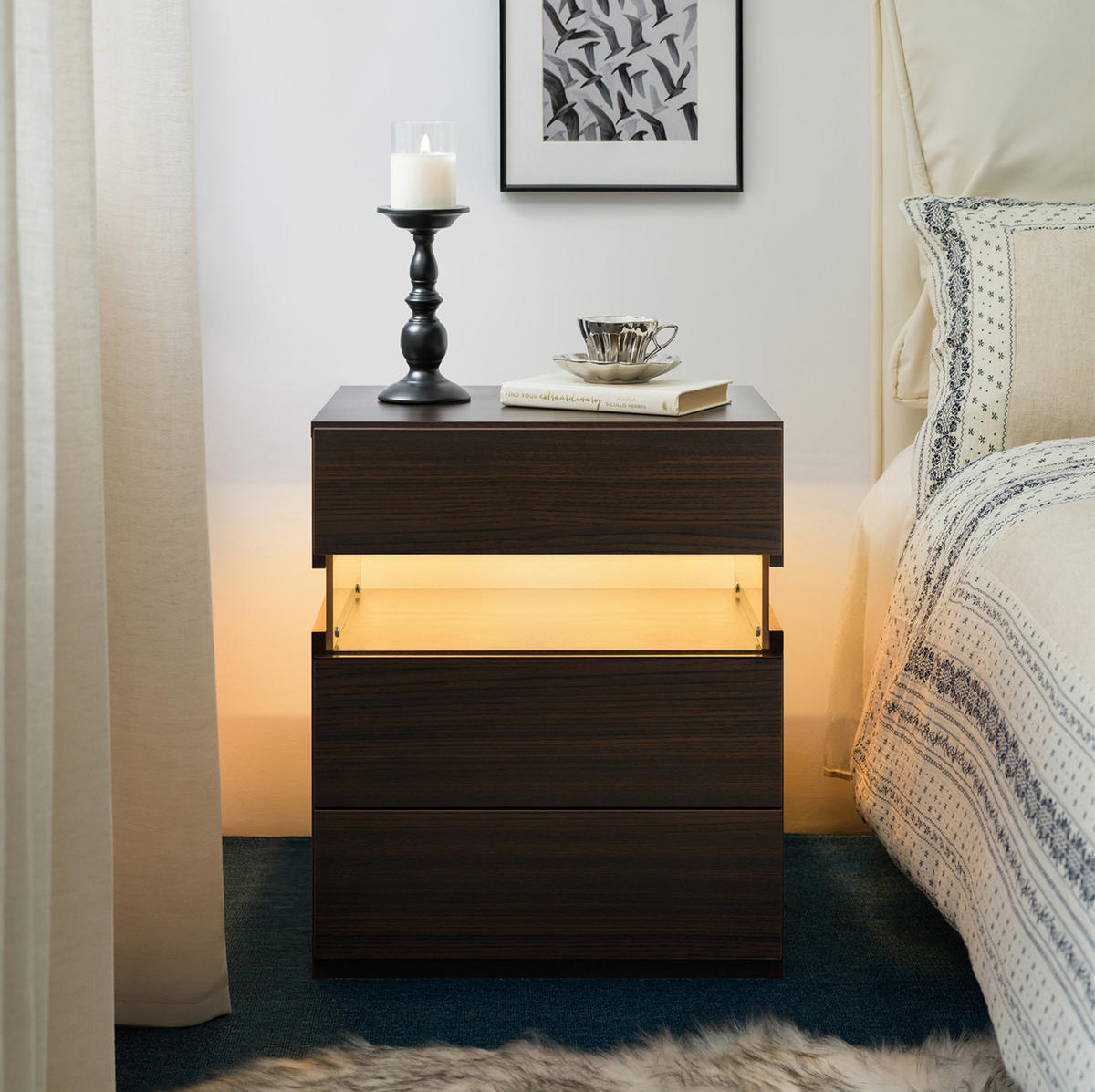 NACHTTISCH 38/48/61 cm mit 3 Schubladen, LED-Beleuchtung und Acrylfront, Walnuss - Walnussfarben, Holzwerkstoff (38/61/48cm) - Redom