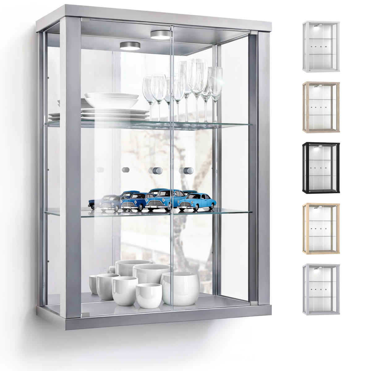 HÄNGEVITRINE 25/60/80 cm mit Spiegel, LED & 2 höhenverstellbaren Glasböden - Transparent/Silberfarben, Glas/Holzwerkstoff (60/80/25cm) - K-Möbel