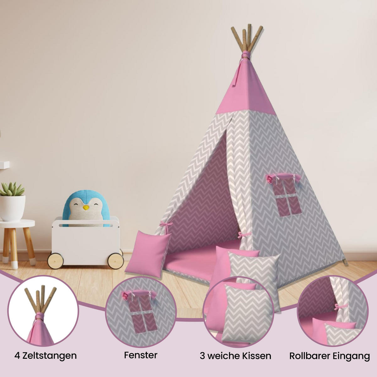 TIPI-ZELT 105 x 105 x 140 cm Zickzack rosa mit weichen Kissen | Spielzelt für Kinderzimmer Indoor - Pink, Textil (105/105cm) - Best for Kids