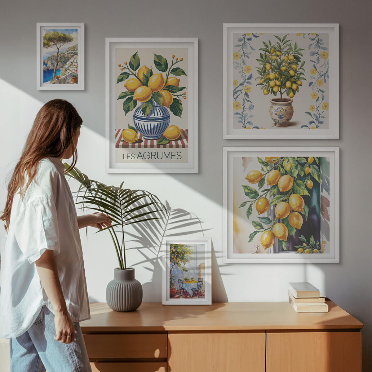 WANDBILDER 5er-Set - 50x50 cm & 20x30 cm & 40x60 cm Weißer Rahmen - Zitronenbäume am Meer - Weiß, Kunststoff (40/60cm) - ArtPrintCave