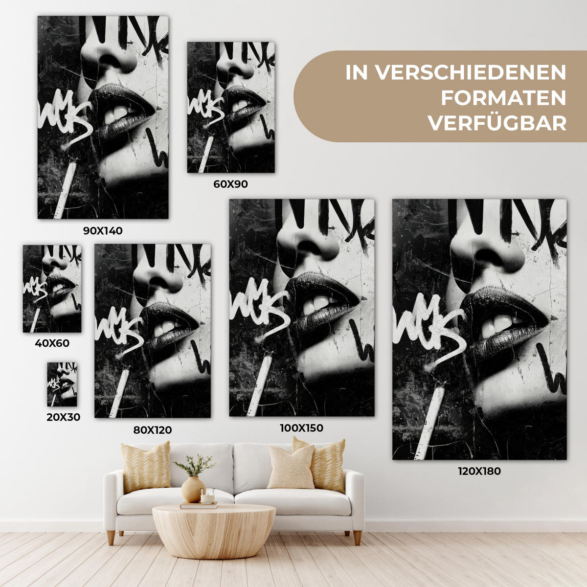 LEINWANDBILD Gesicht - Mund - Graffiti - Schwarz Deko XXL 80x120 cm - Schwarz, Textil (80/120cm) - MuchoWow