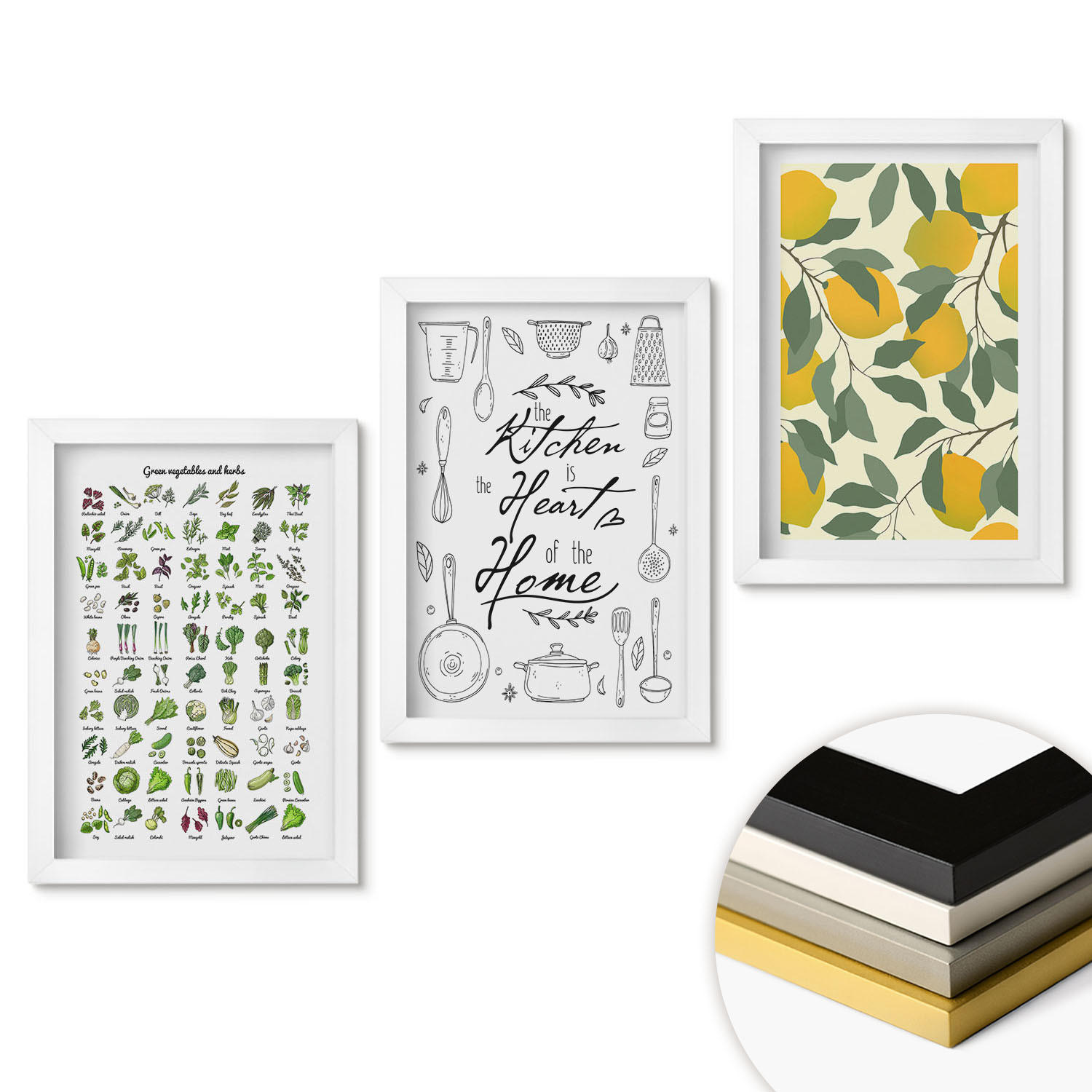 WANDBILDER 3er-Set - 20x30 cm Weißer Rahmen - Bemalte Zitronen-Küchenkräuter - Weiß, Kunststoff (20/30cm) - ArtPrintCave