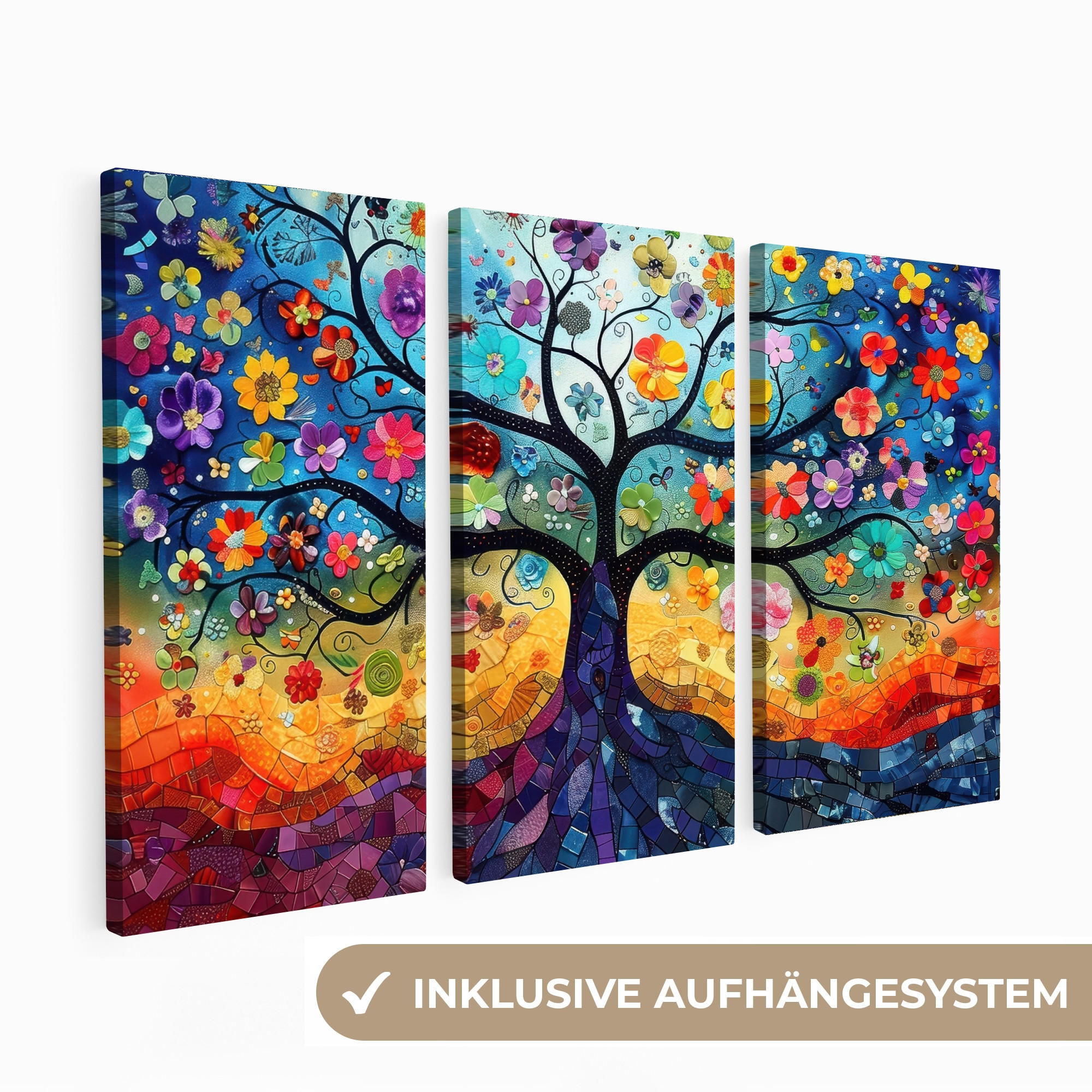 OBRAZ NA PLÁTNĚ 3dílná sada Barevné - Strom života - Květiny - Abstraktní 90x60 cm - modrá, textil (90/60cm) - MuchoWow