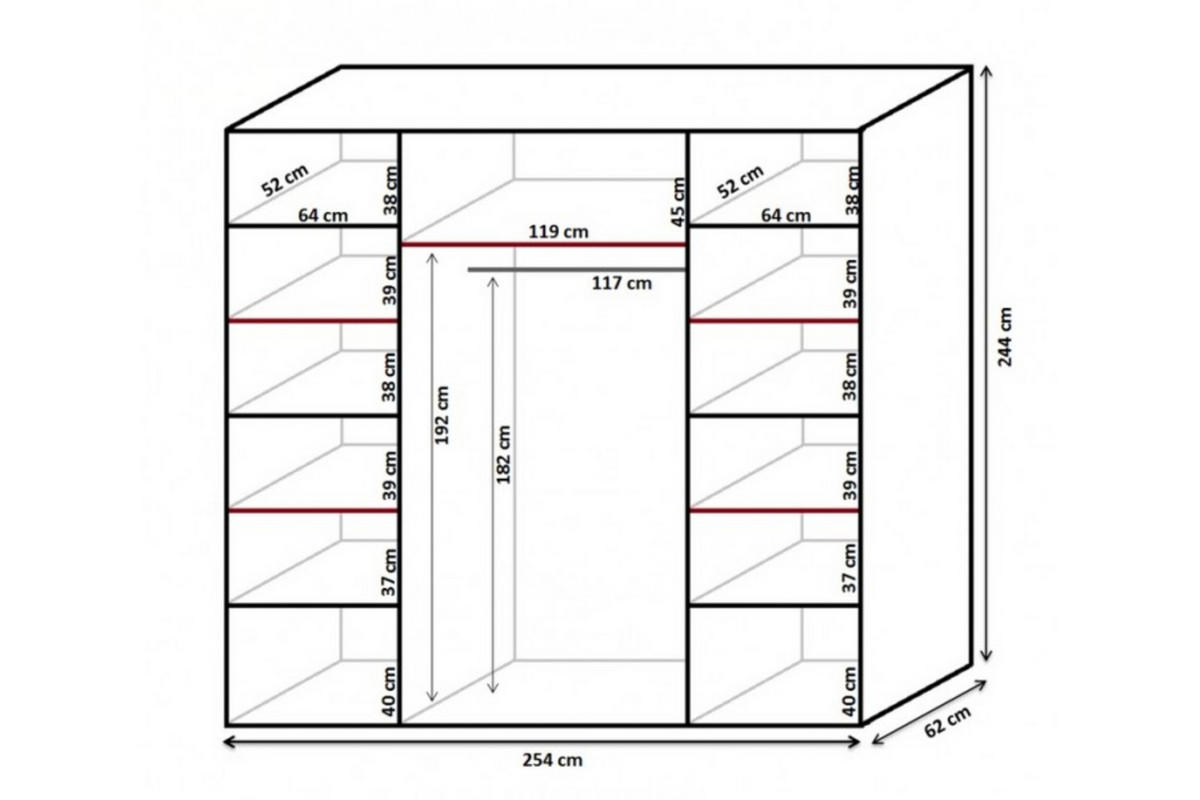 SCHIEBETÜRENSCHRANK - Kleiderschrank BORA 254 mit 3 Spiegel - Weiß - Weiß, Holzwerkstoff (254/244/62cm) - Möblo