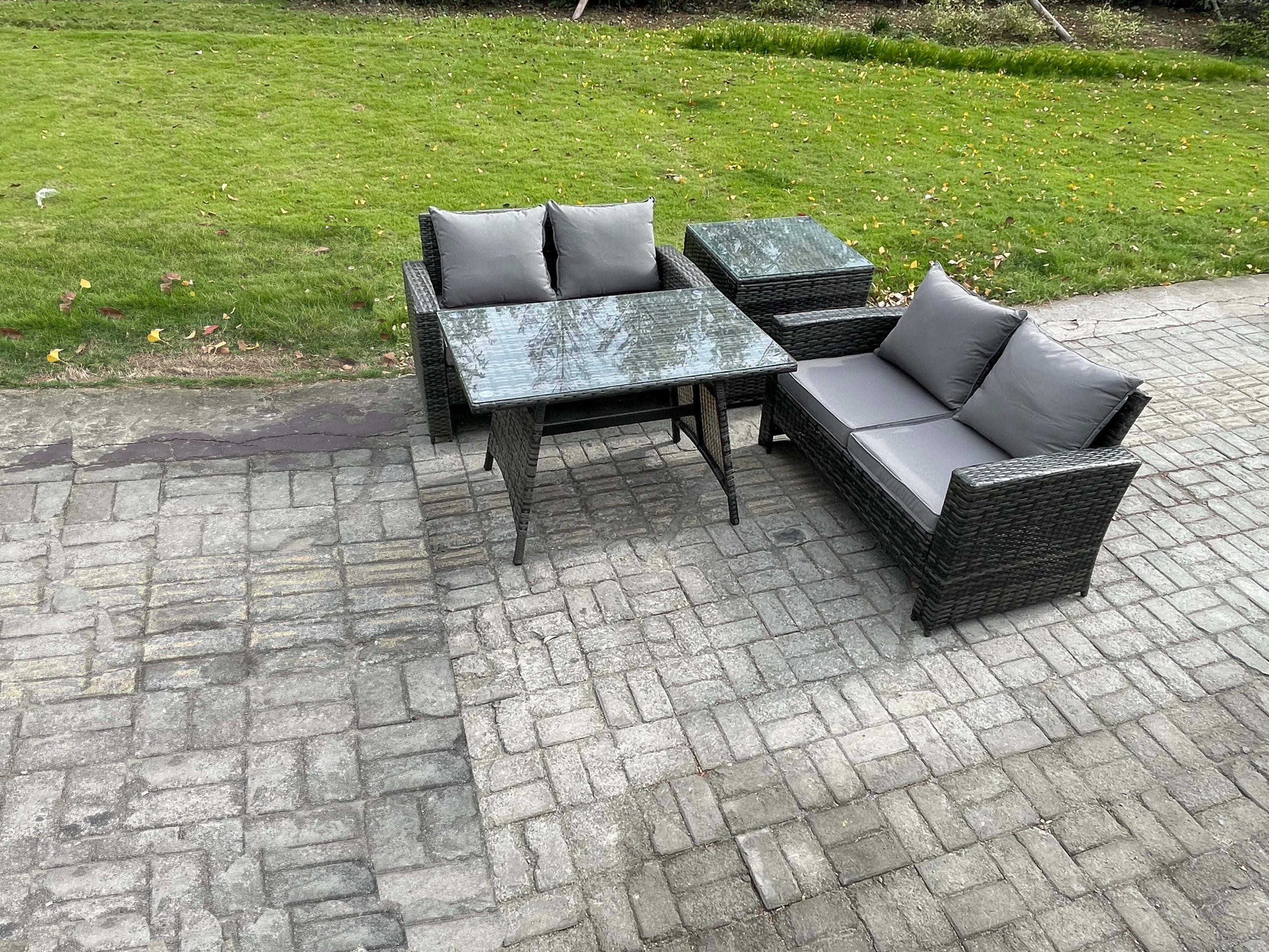 GARTENMÖBELSET mit ESSTISCH,HOCHLEHNER-SOFA Polyrattan Dunkelgrauer Mix 4-Sitzer - Dunkelgrau/Grau, Glas/Kunststoff - Fimous
