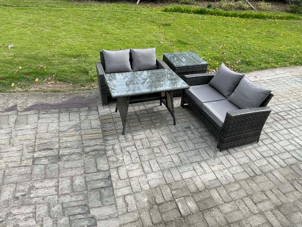 GARTENMÖBELSET mit ESSTISCH,HOCHLEHNER-SOFA Polyrattan Dunkelgrauer Mix 4-Sitzer - Dunkelgrau/Grau, Glas/Kunststoff - Fimous