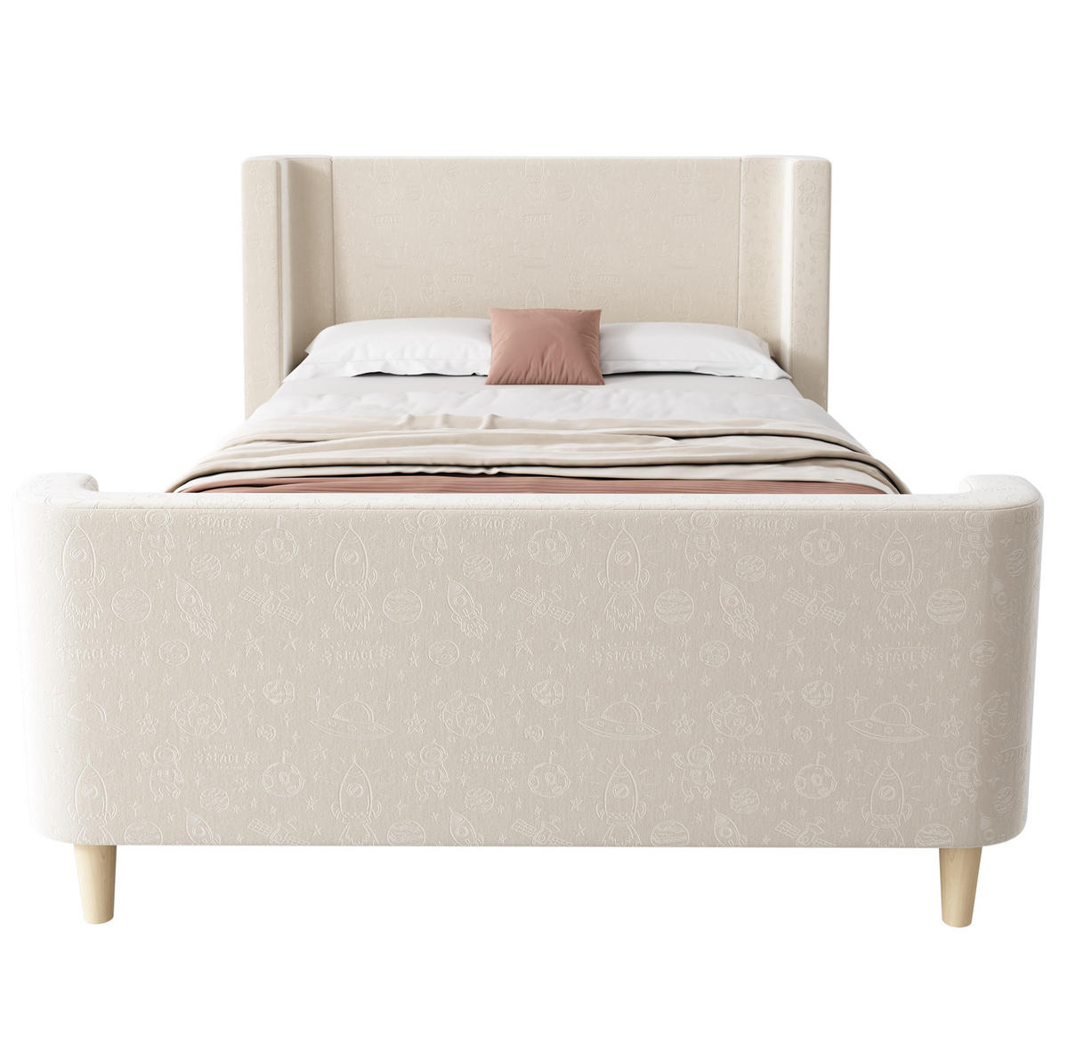 KINDEREINZELBETTEN aus Samt 90x200 cm in Beige mit Weltraummuster - Beige, Textil (90/200cm) - Modfu
