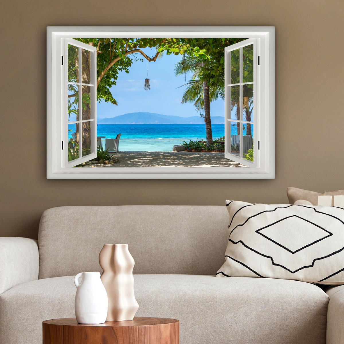 LEINWANDBILD Aussicht - Baum - Meer - Palme - Hügel - Strand - Blau Wanddeko 90x60 cm - Blau, Textil (90/60cm) - MuchoWow