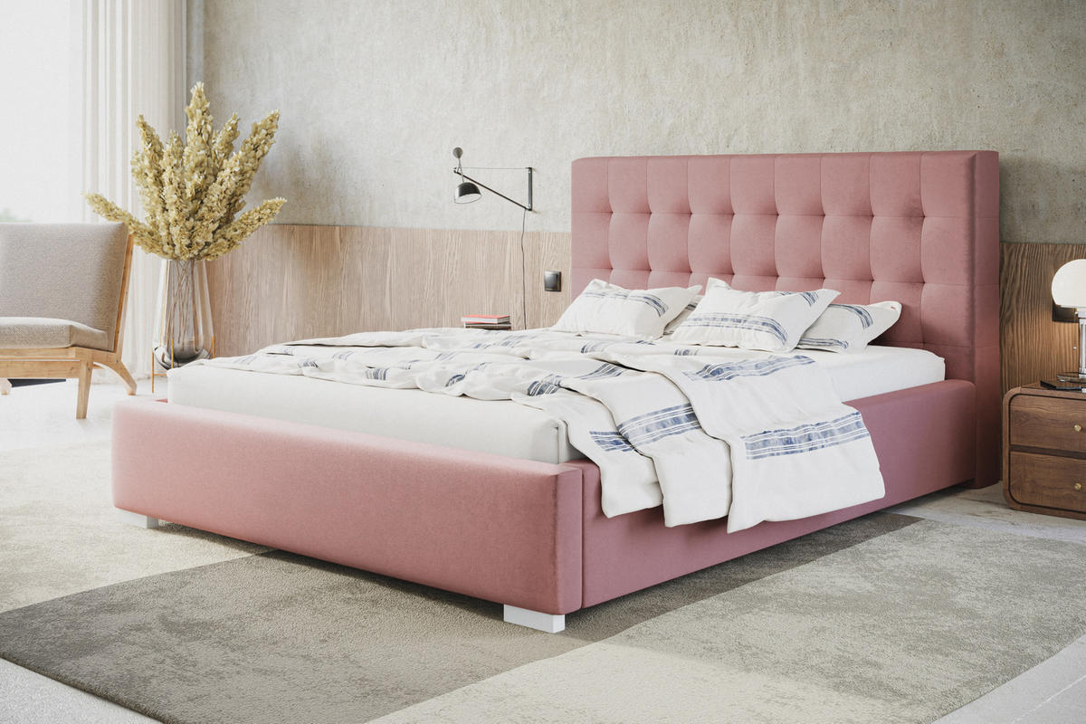 POLSTERBETT RIO, 180x200 cm, mit Bettkasten und Lattenrost aus Holz, Velourstoff, Farbe: Rosa - Rosa, Holz/Kunststoff (180/200cm) - Alpi-Möbel