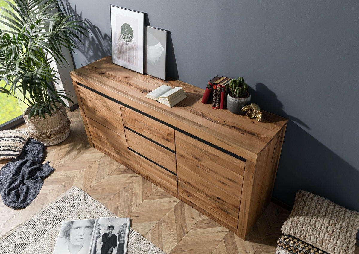 SIDEBOARD Wildeiche / Zerreiche 185x43x80 natur geölt MONTREUX #155 - Braun, Holz (185/80/43cm) - Massivmoebel24