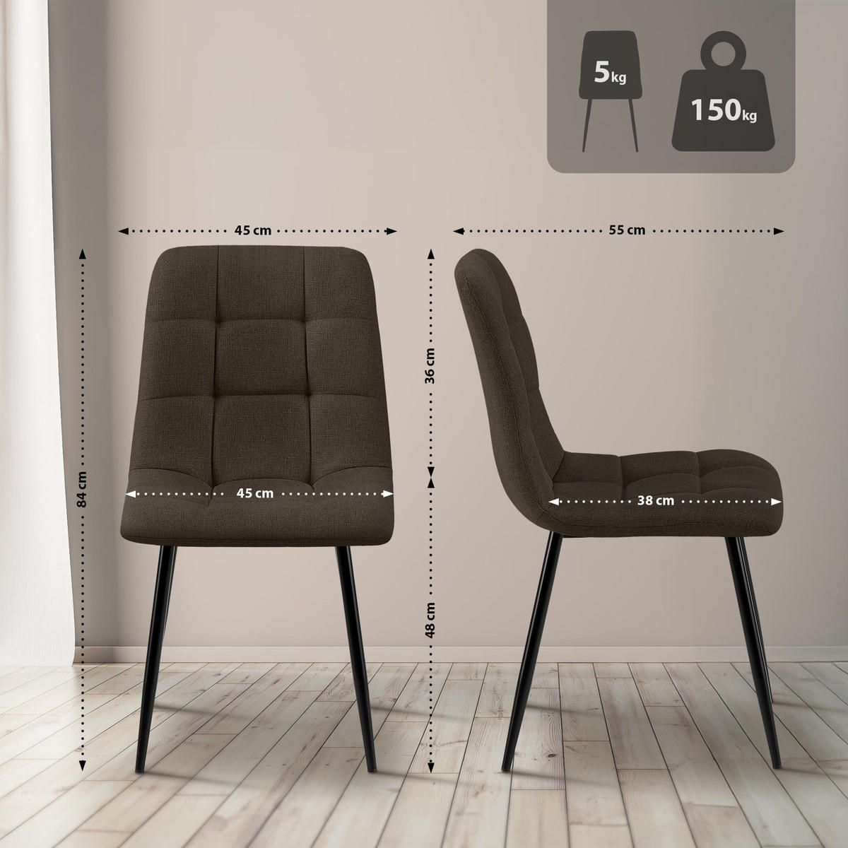 STUHL 4er Set Stoff Braun - Schwarz/Braun, Textil/Metall (45/84/55cm) - CLP