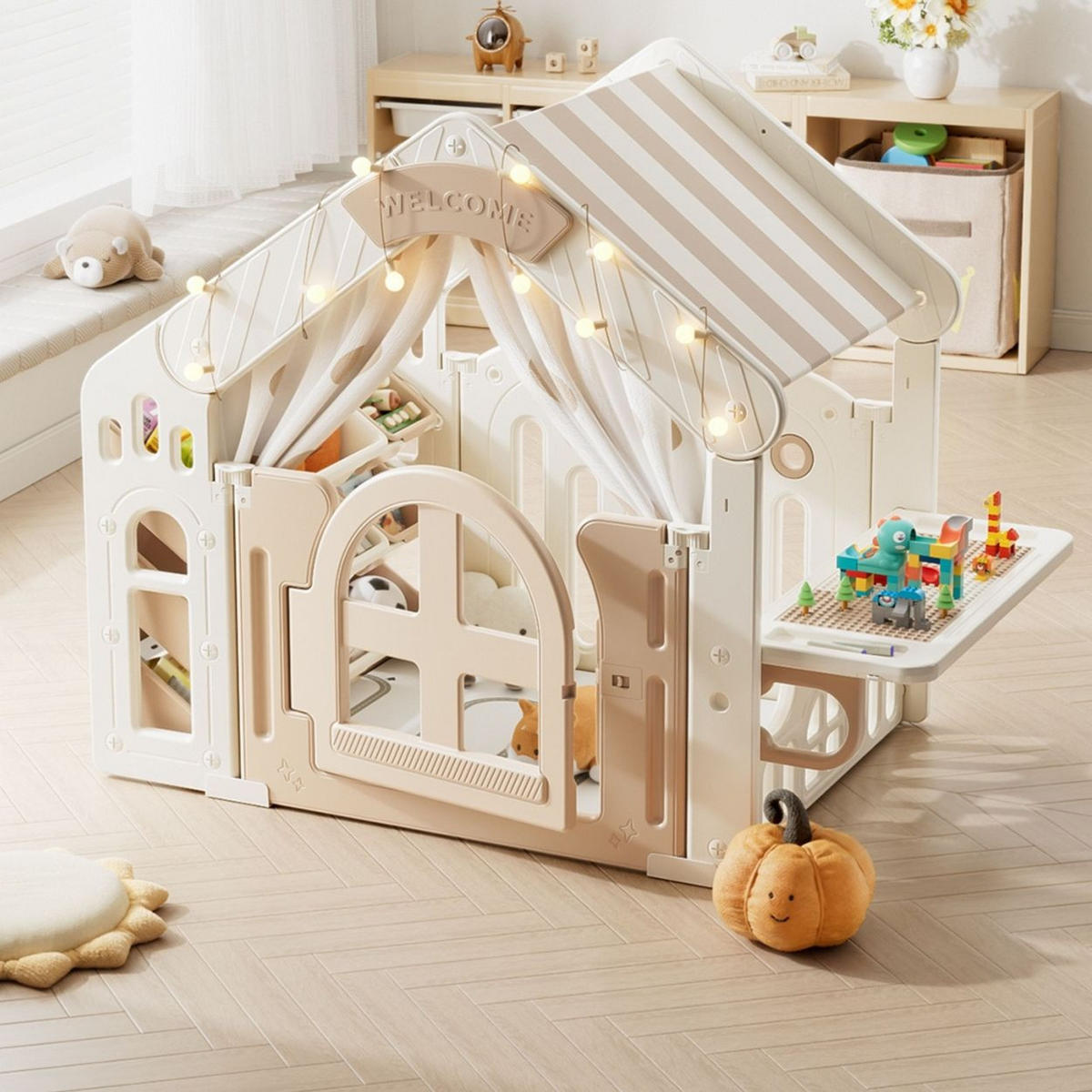 KINDERSPIELHAUS multifunktional beige Kunststoff, Matte, Aufbewahrungsboxen, Tisch, Lichter, ab 18 Monaten - Beige, Kunststoff (85/118/147cm) - Moni