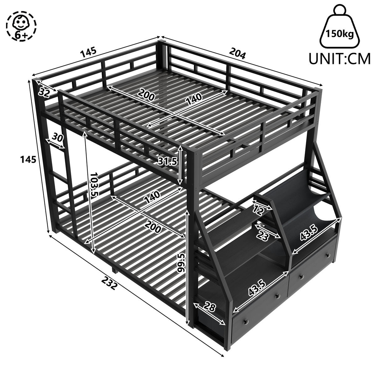 ETAGENBETT 140x200cm mit LED-Beleuchtung, mit 2 Stoffschubladen, Schwarz - Schwarz, Metall (140/200cm) - KOMHTOM