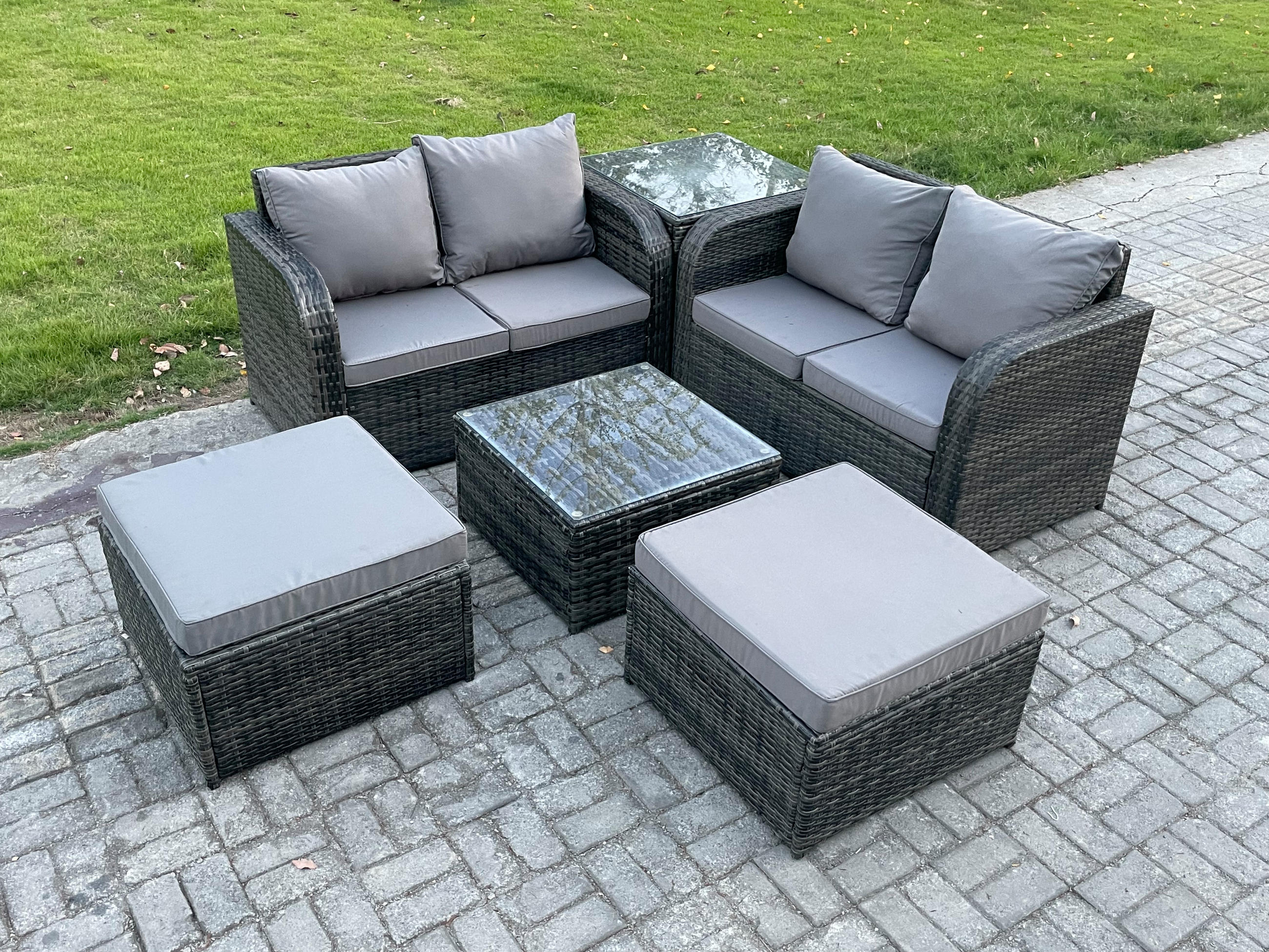 GARTENMÖBEL SET mit COUCHTISCH Polyrattan Dunkelgrau 6-Sitzer - Dunkelgrau/Grau, Glas/Kunststoff - Fimous