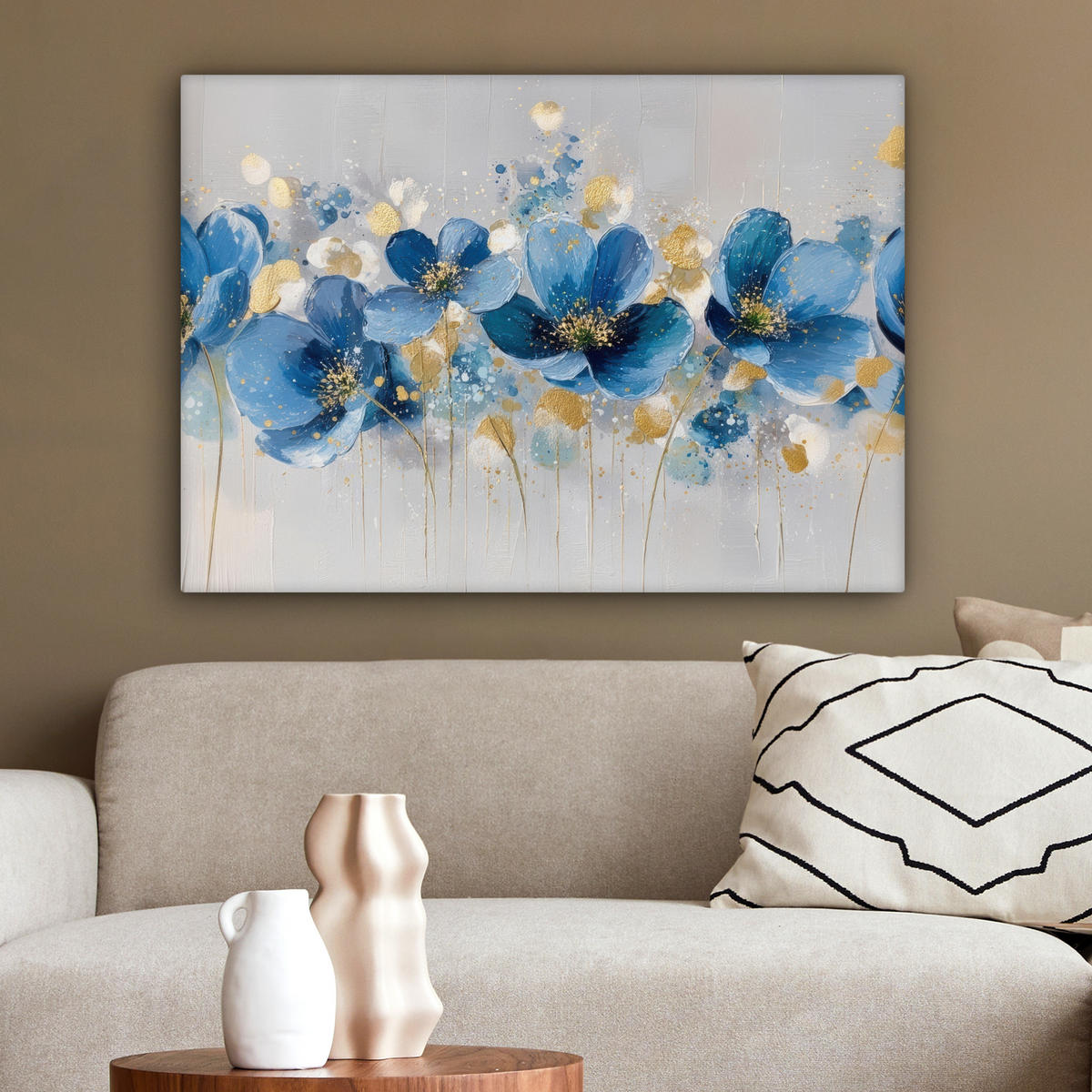 LEINWANDBILD Blumen - Blau - Abstrakt Wandbilder 80x60 cm - Hellgrau, Textil (80/60cm) - MuchoWow