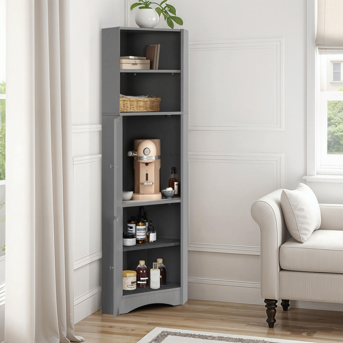 HOCHSCHRANK ,Badschrank Grau mit Türen offenen Fächern - Grau, Holz (36/155/36cm) - PARAFTA HOME