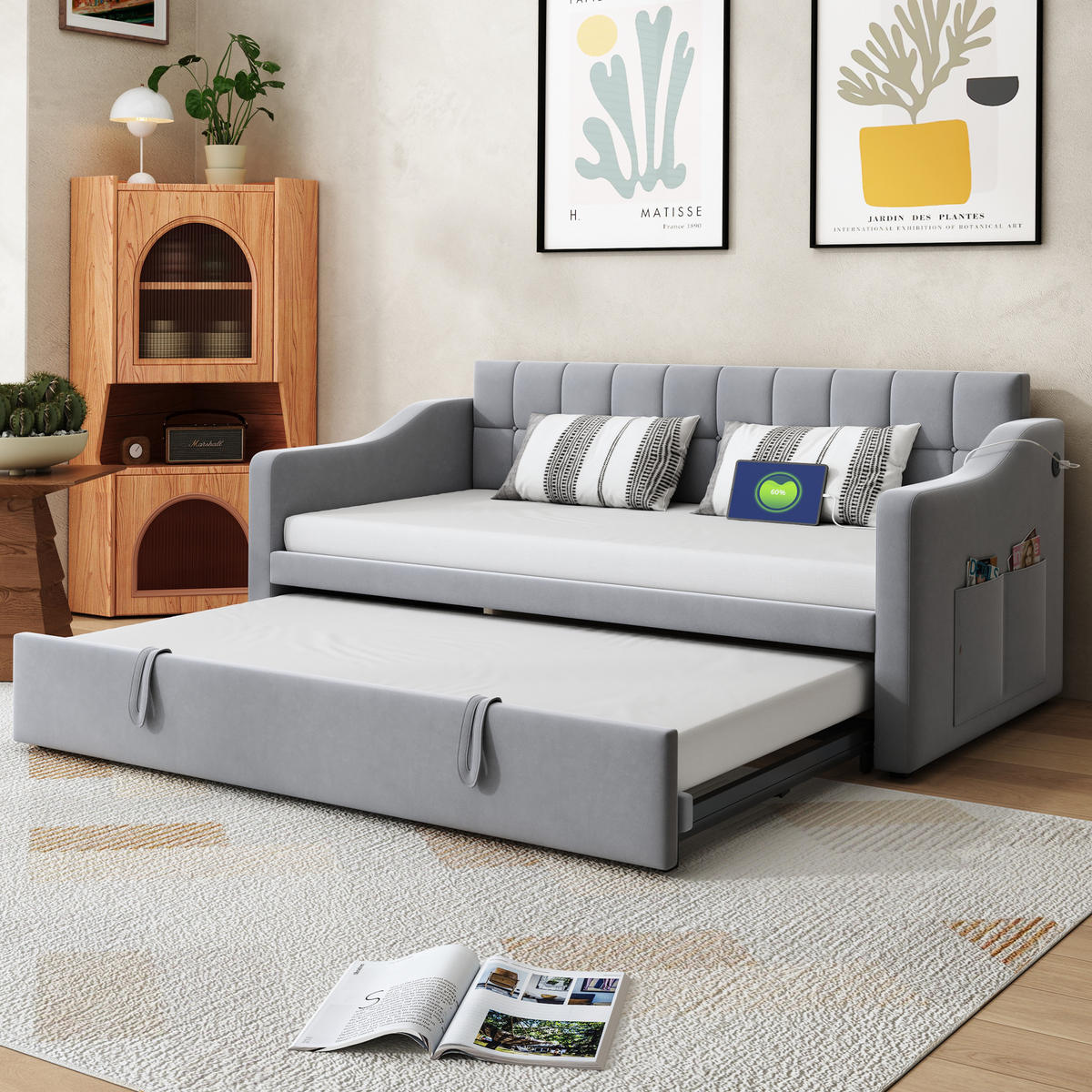SCHLAFSOFA 90/190 cm & 180/190 cm in Hellgrau Samt mit USB und Ausziehfunktion - Hellgrau, Holzwerkstoff/Textil (90/190cm) - WISHDOR