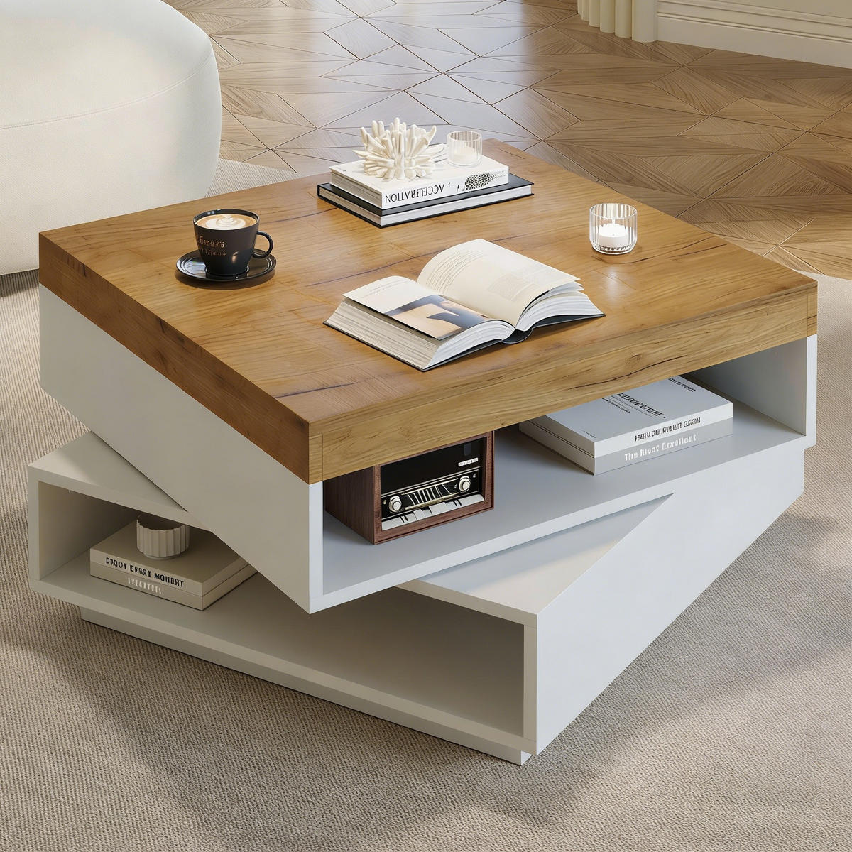 COUCHTISCH 360° drehbar LED Weiß Holzton 65x65x40cm mit Stauraum - Multicolor, Holzwerkstoff (65/65/40cm) - FLIEKS