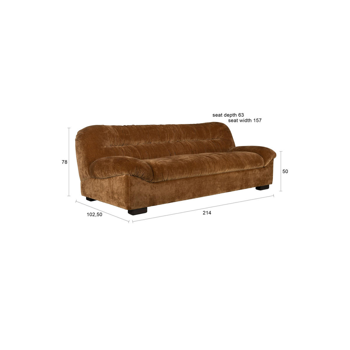 SOFA 3-SITZER Douglas Samt Cognac/ Braun - Braun, Kunststoff (214/78/102.5cm) - Dutchbone