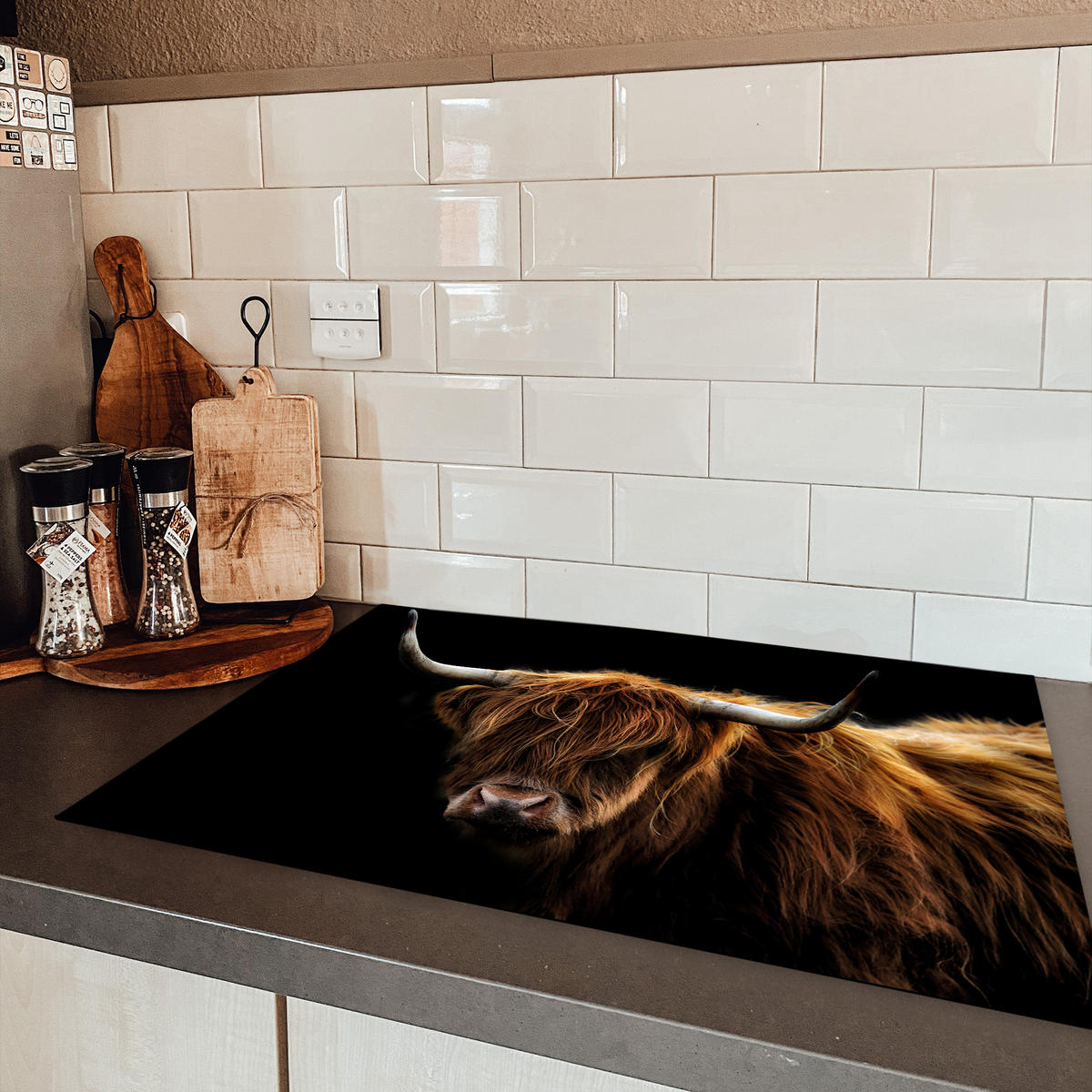 HERDABDECKPLATTE Schottischer Highlander - Hörner - Schwarz - Tiere - Natur - Wild - Kuh Ceranfeldabdeckung 78x52 cm - Cognac, Kunststoff (78/52/0.2cm) - MuchoWow