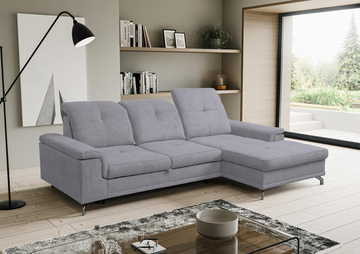 ECKSOFA PANAMA mit Schlaffunktion und Bettkasten, Farbe: Hellgrau, Velourstoff, Ottomane Rechts - Hellgrau, Textil (270/180cm) - VENASI MÖBEL