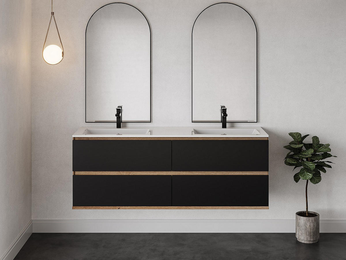 WASCHBECKENUNTERSCHRANK hängend - 150 cm - Holzfarben hell & Schwarz - SABURI - Schwarz, Holz (150/55/45.5cm) - Vente-Unique